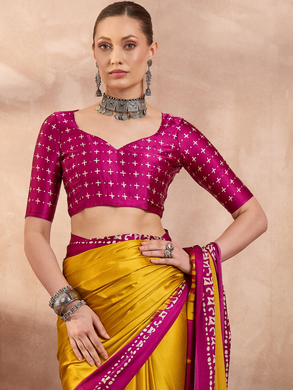 Saanjh Semi Modal Ready To Wear Pocket Saree | Yellow