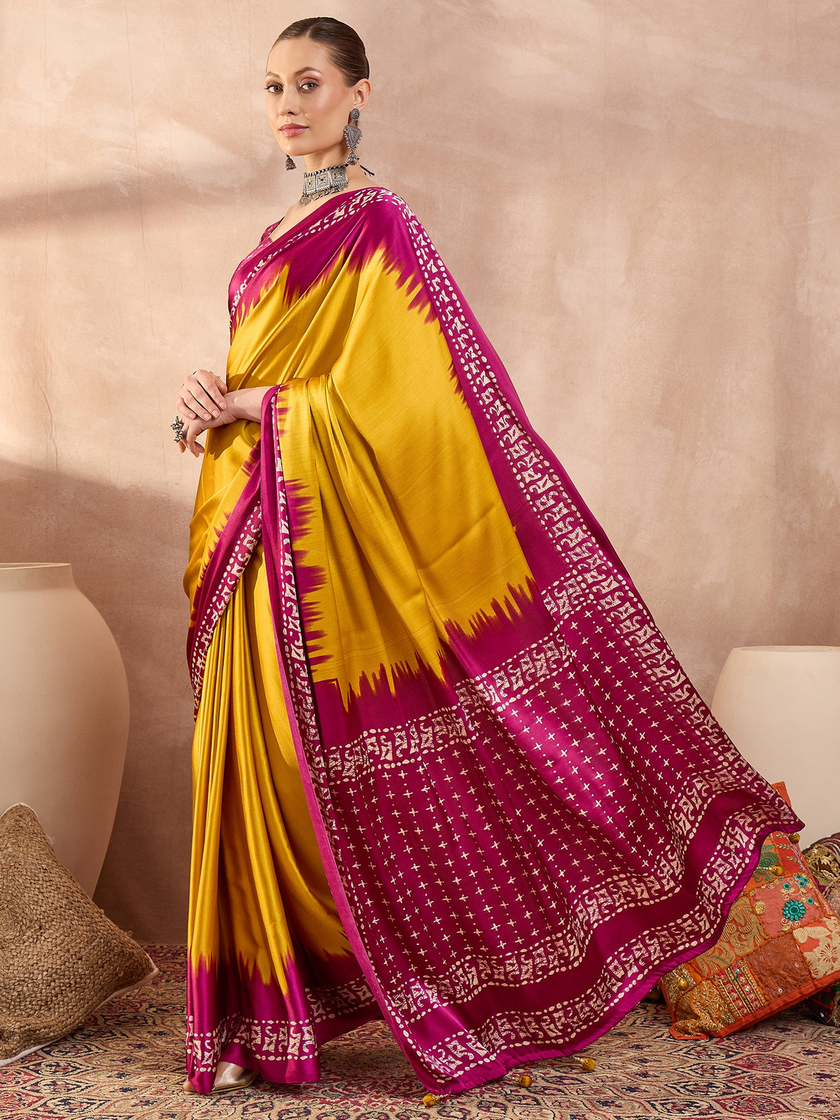 Saanjh Semi Modal Ready To Wear Pocket Saree | Yellow