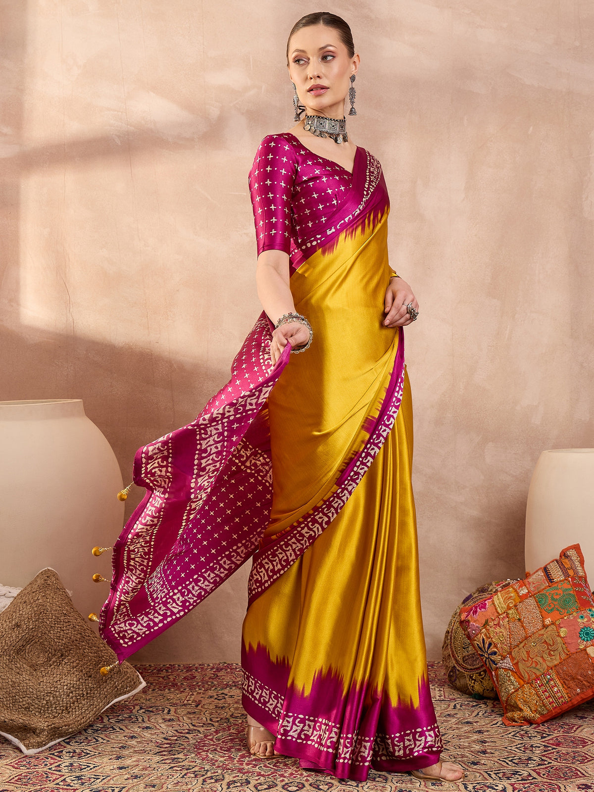 Saanjh Semi Modal Ready To Wear Pocket Saree | Yellow
