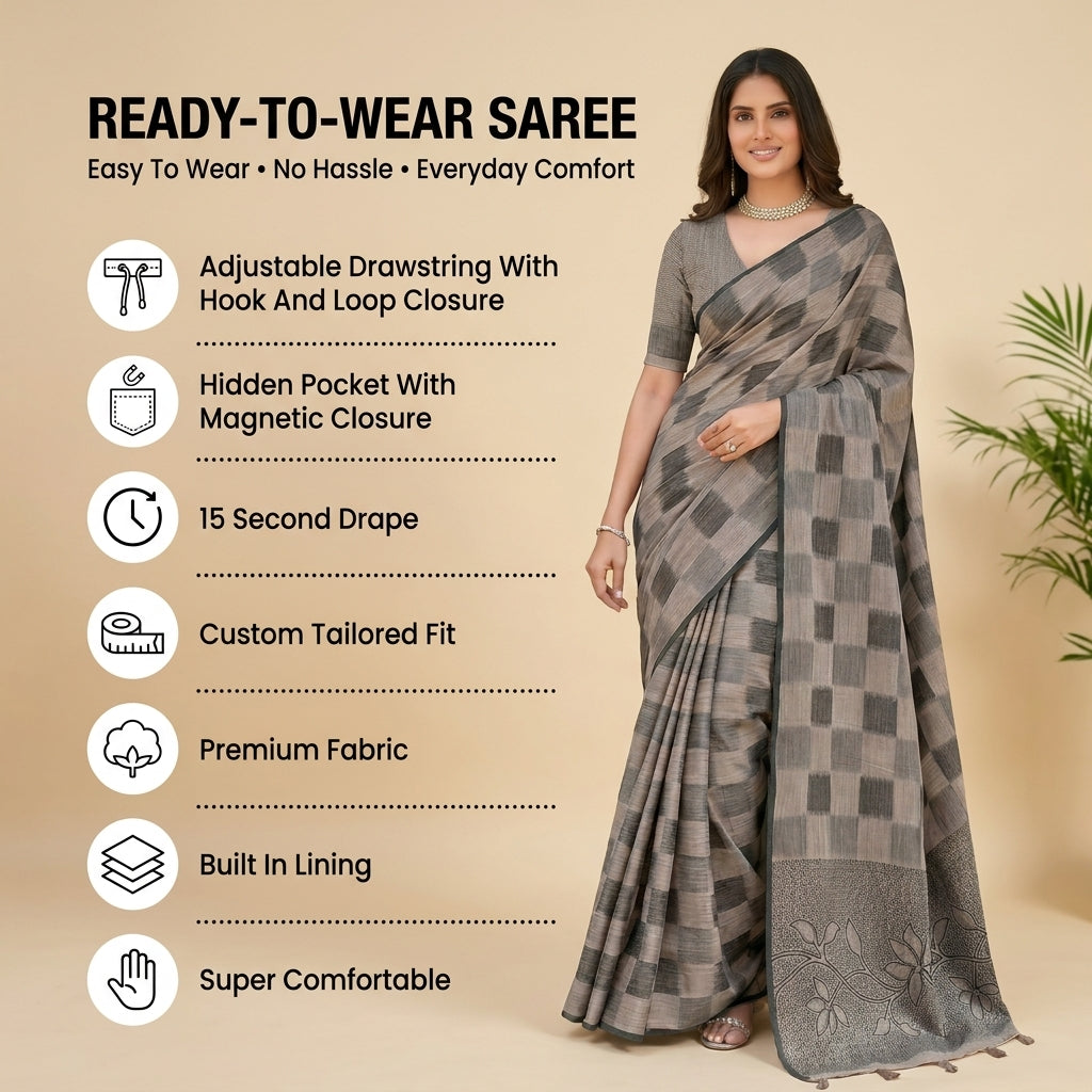 Floral Vine Linen Cotton (D) Ready To Wear Pocket Saree