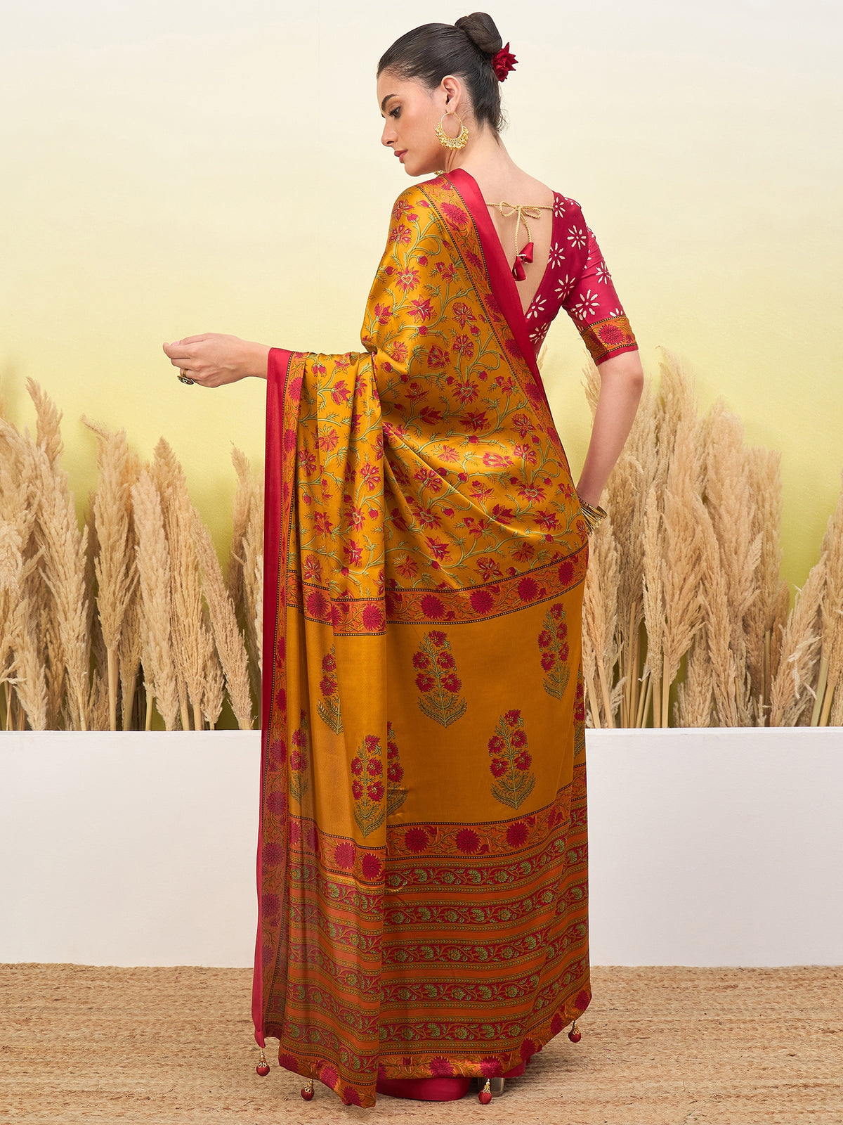 Flora Semi Modal Ready To Wear Pocket Saree | Yellow & Red