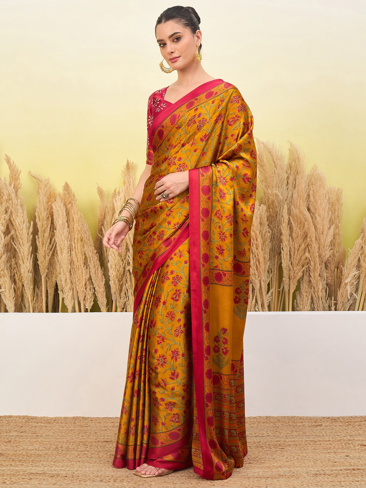 Flora Semi Modal Ready To Wear Pocket Saree | Yellow & Red
