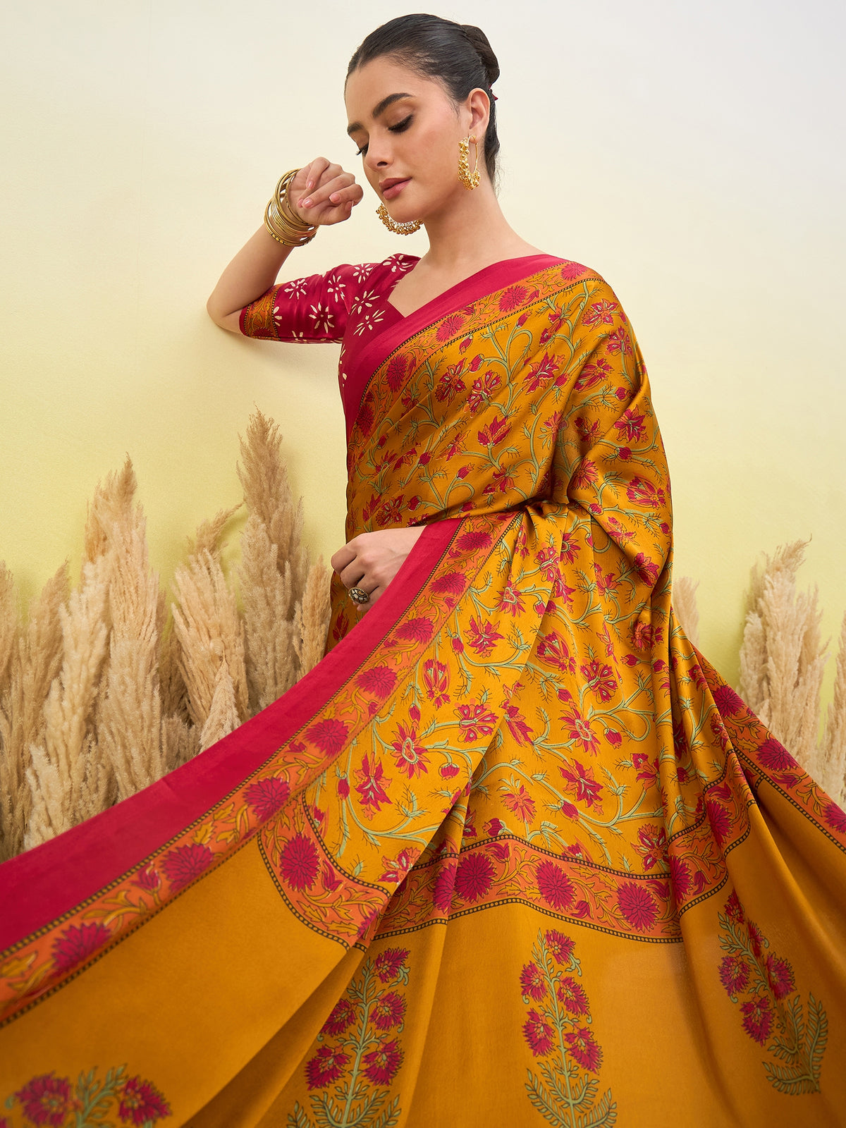 Flora Semi Modal Ready To Wear Pocket Saree | Yellow & Red