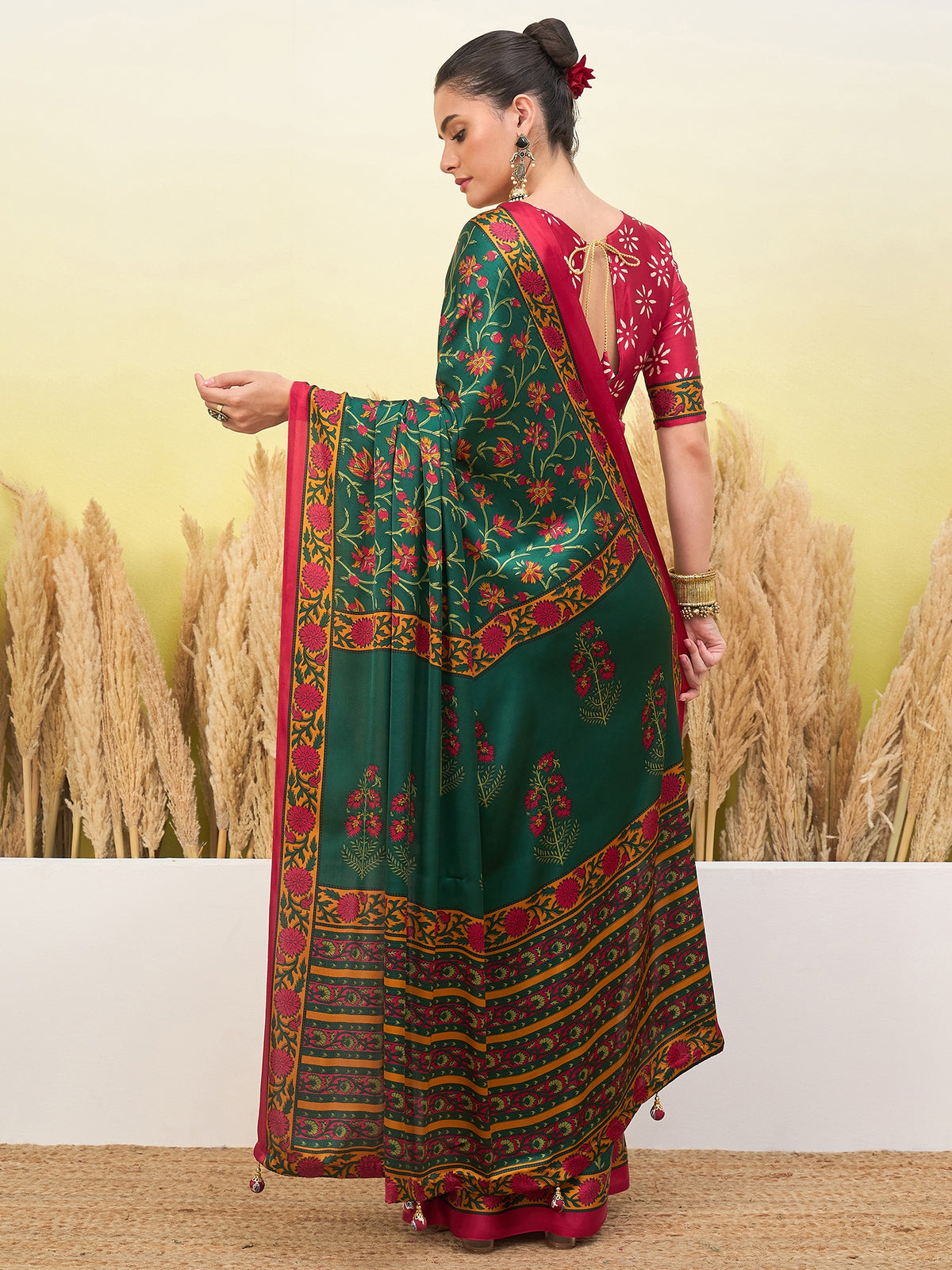 Flora Semi Modal Ready To Wear Pocket Saree | Green