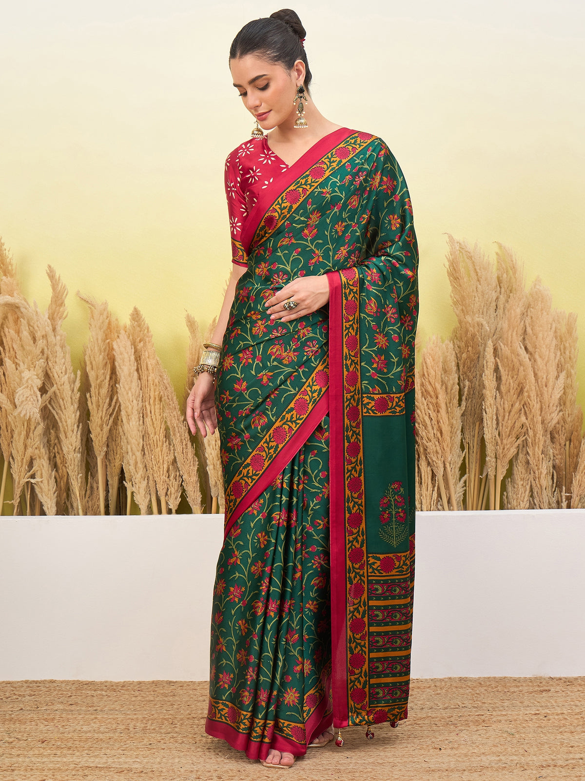 Flora Semi Modal Ready To Wear Pocket Saree | Green