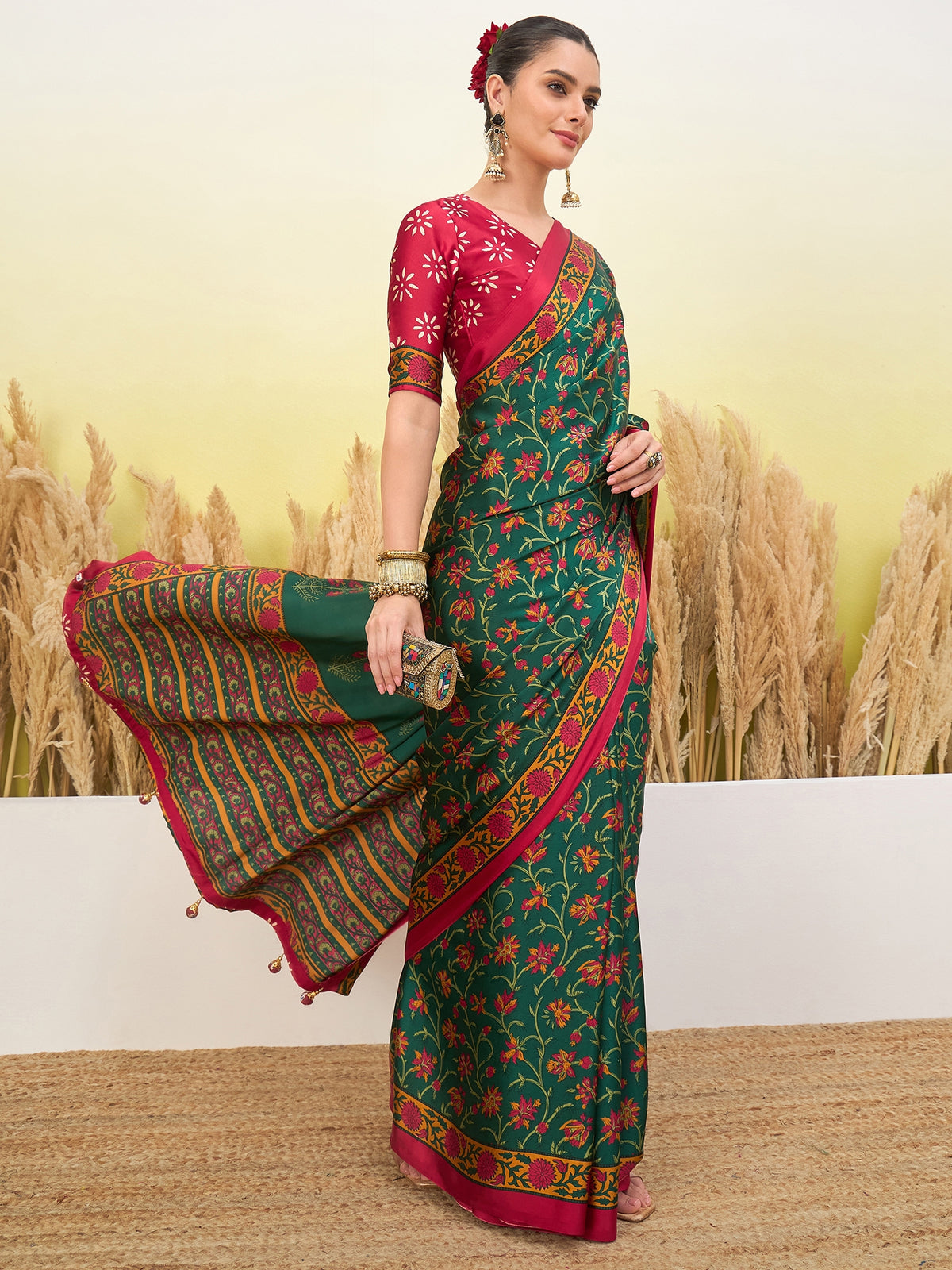 Flora Semi Modal Ready To Wear Pocket Saree | Green