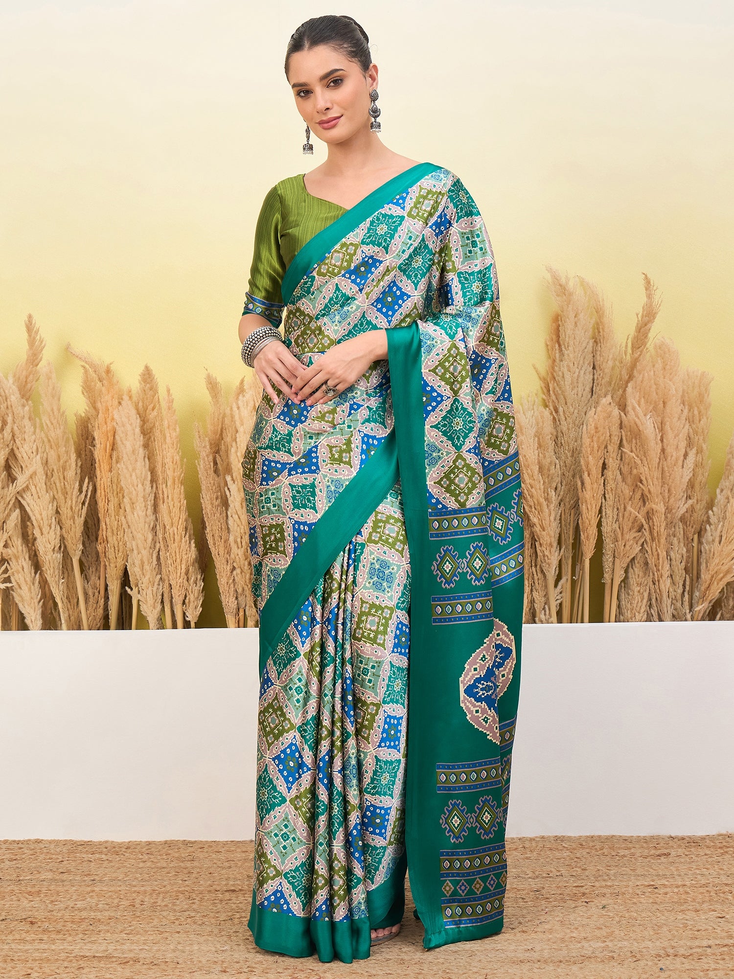 Rangrez Semi Modal (Teal) Ready To Wear Pocket Saree