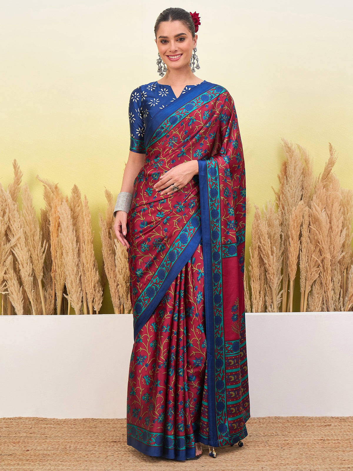 Flora Semi Modal Ready To Wear Pocket Saree | Red & Blue