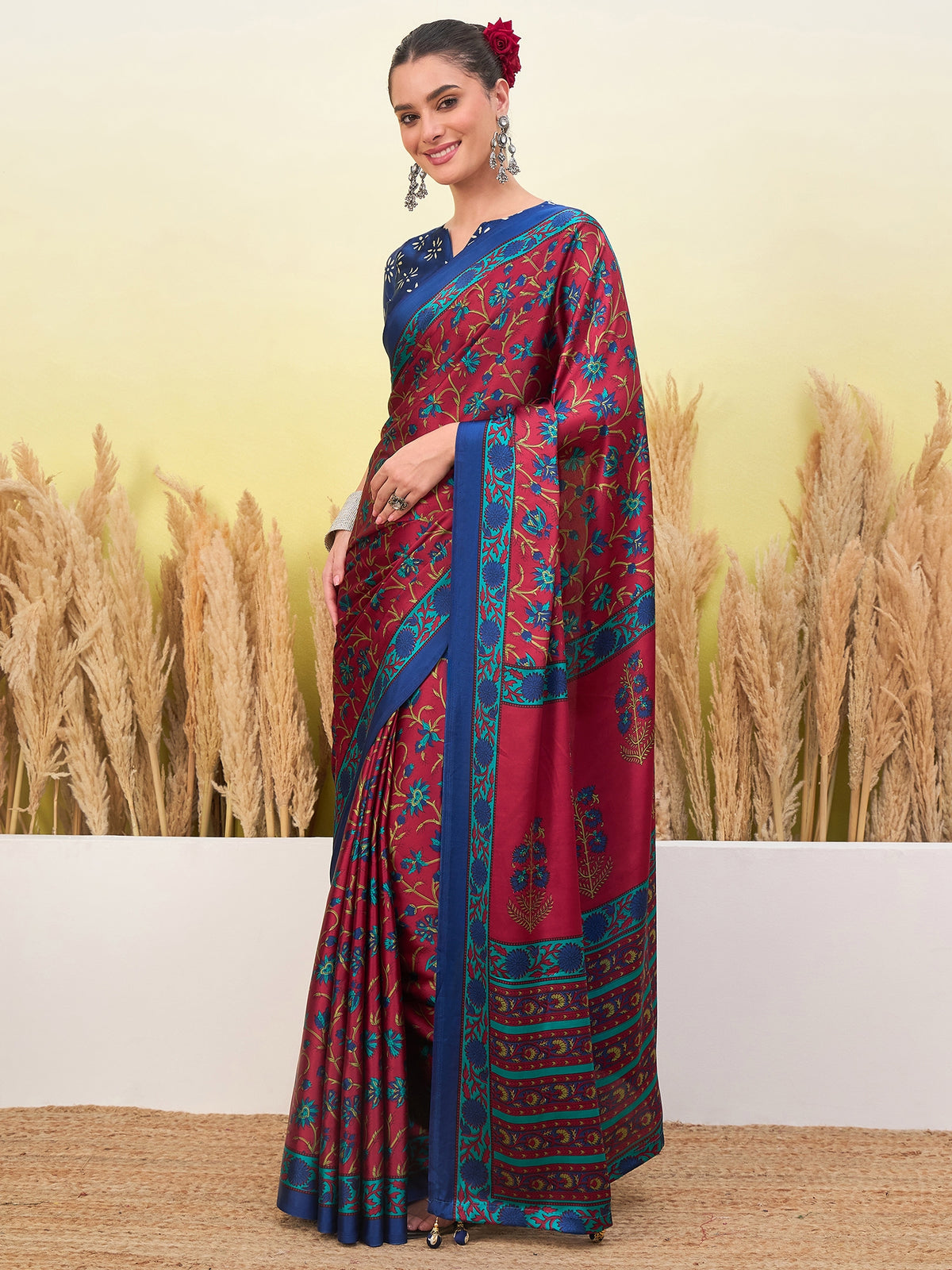 Flora Semi Modal Ready To Wear Pocket Saree | Red & Blue