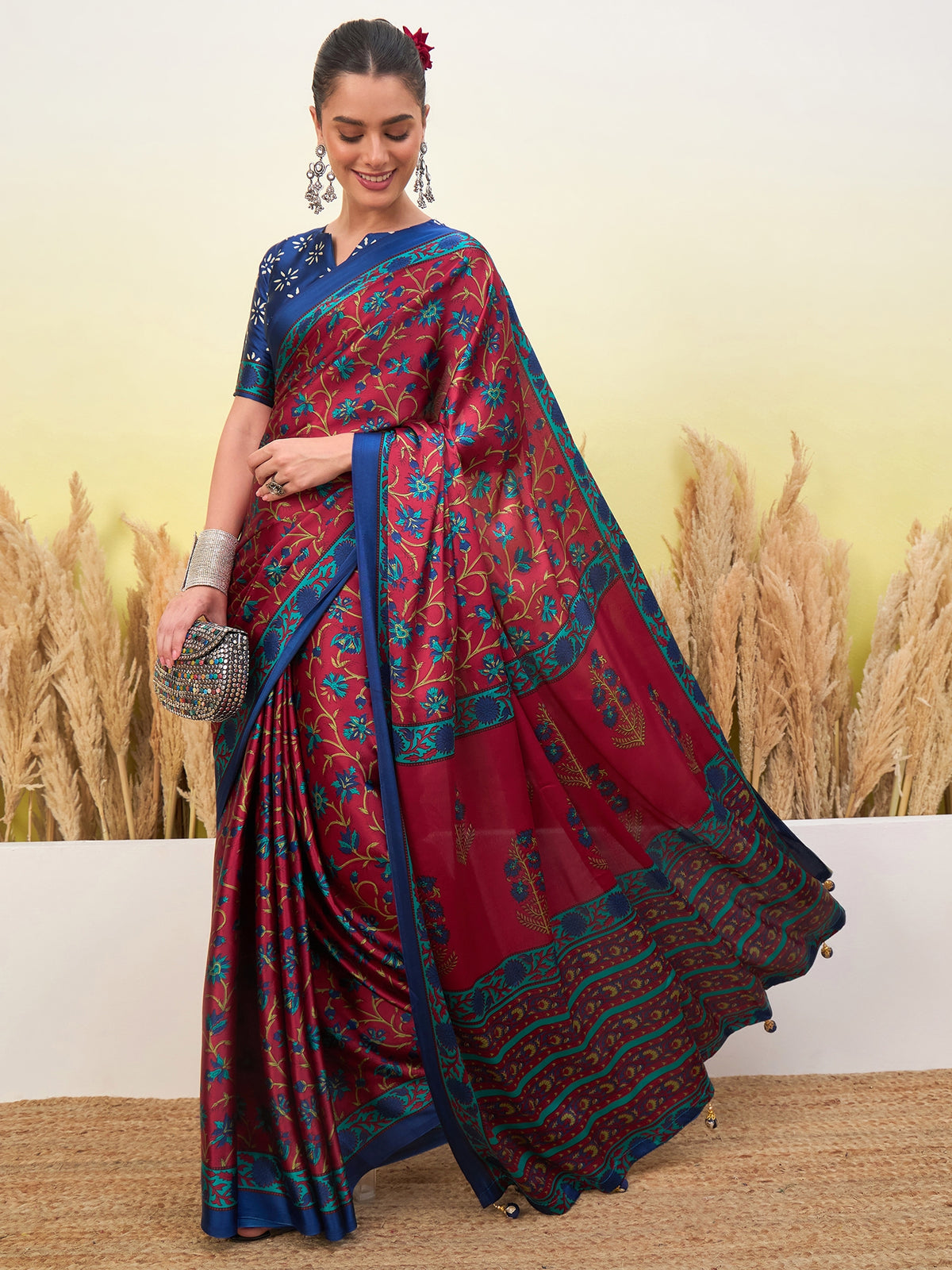 Flora Semi Modal Ready To Wear Pocket Saree | Red & Blue