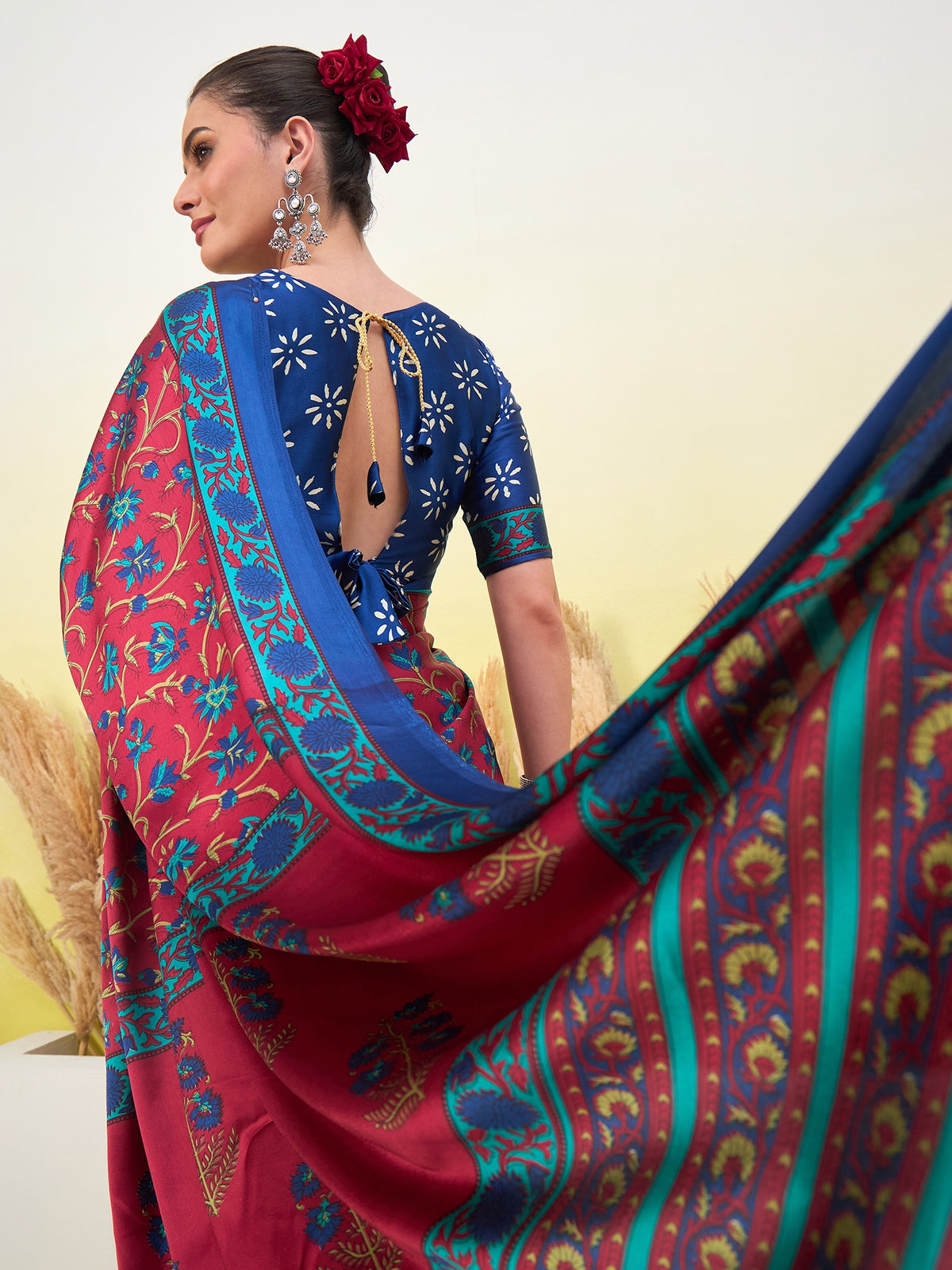 Flora Semi Modal Ready To Wear Pocket Saree | Red & Blue
