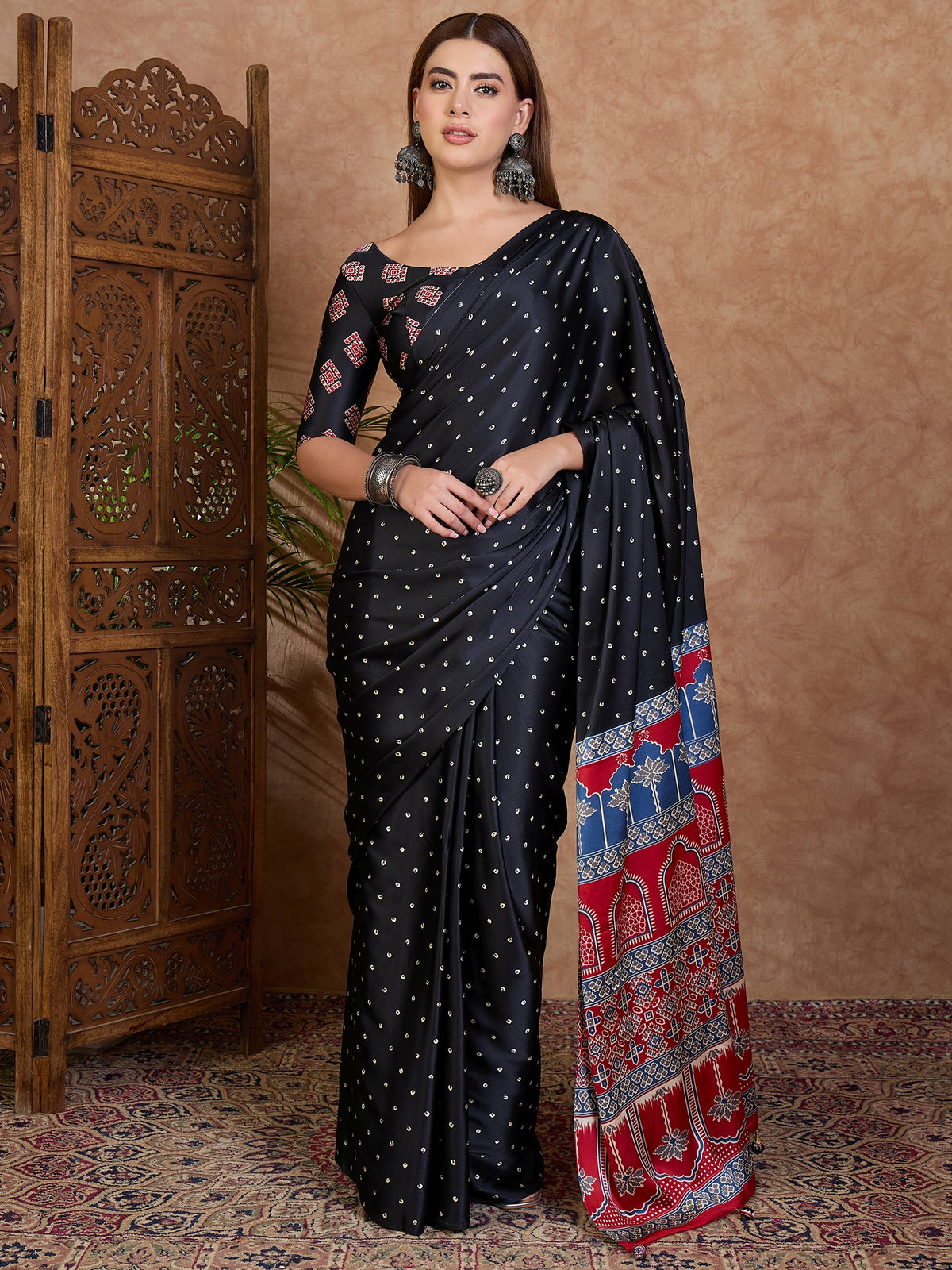 Iris Semi Modal Ready To Wear Pocket Saree | Black