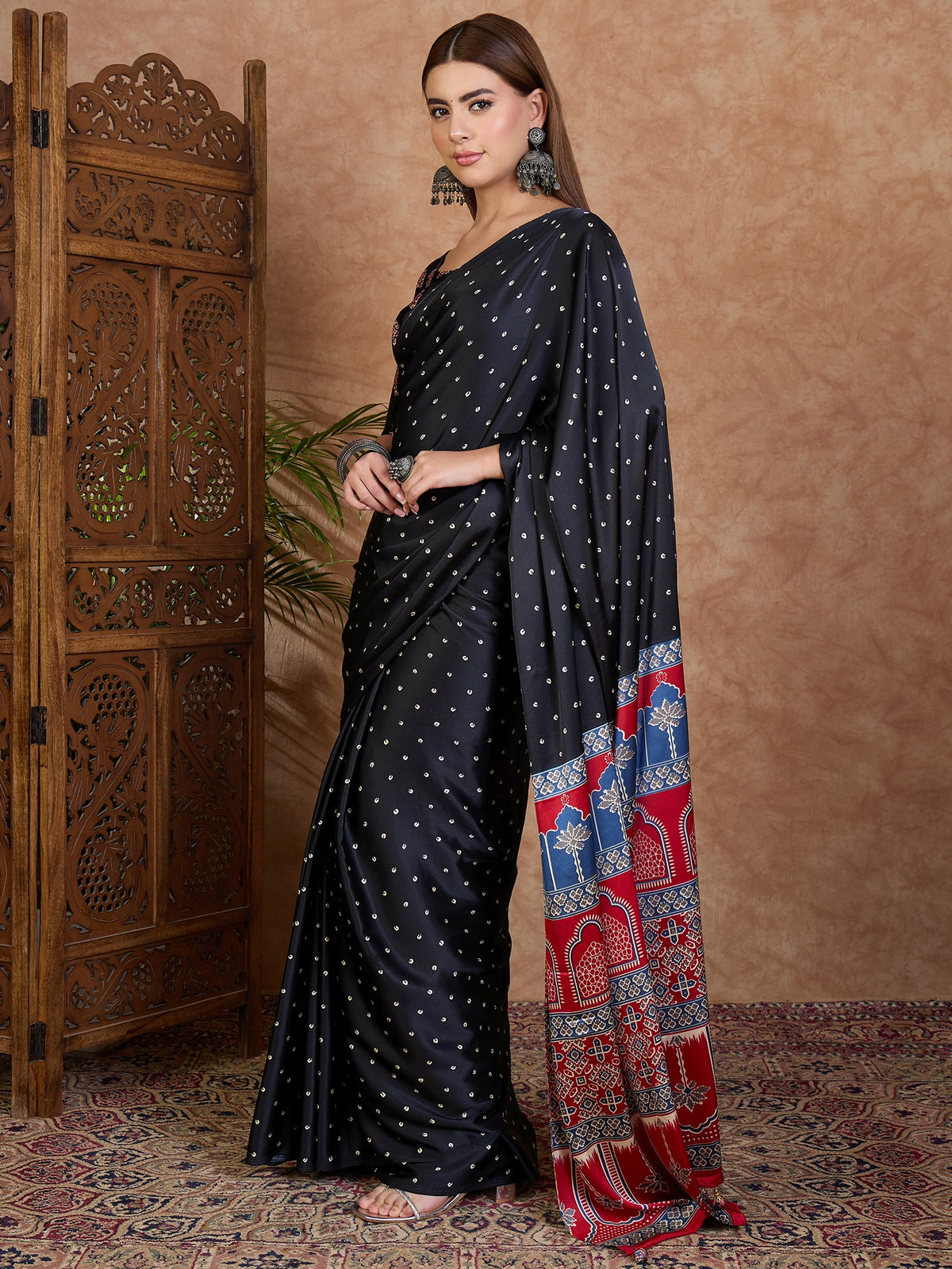 Iris Semi Modal Ready To Wear Pocket Saree | Black