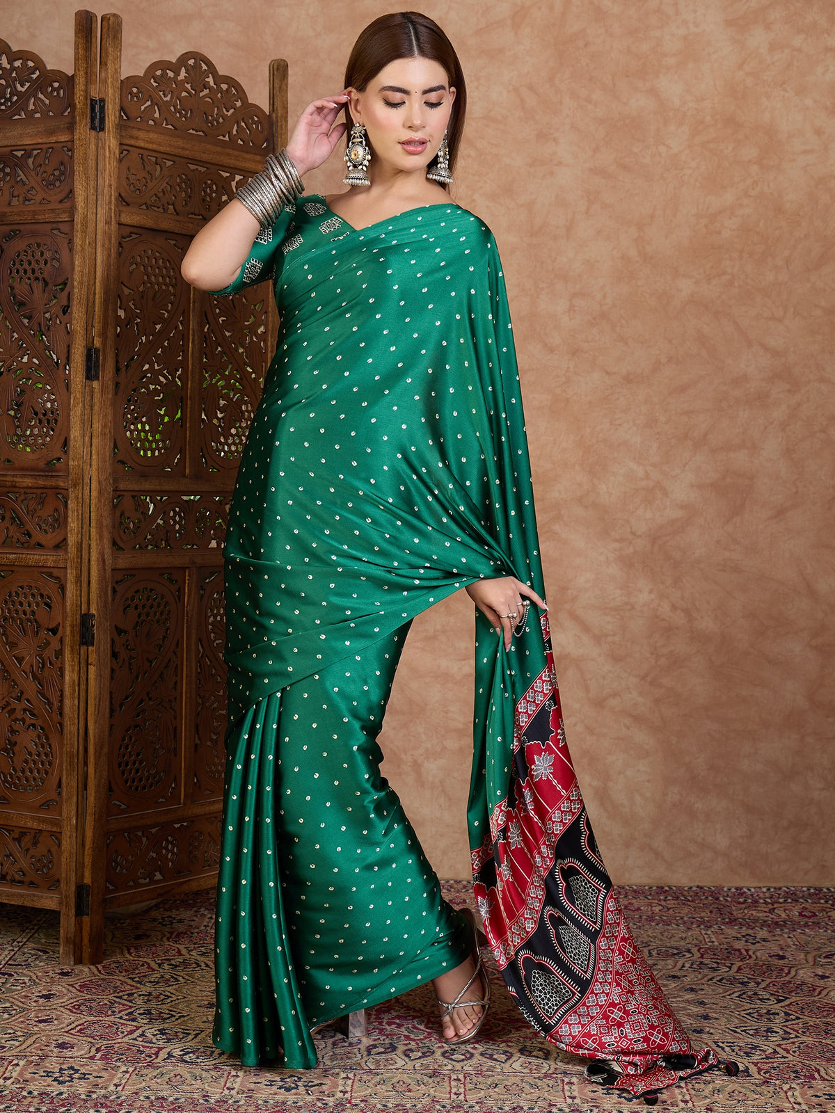 Iris Semi Modal Ready To Wear Pocket Saree | Green