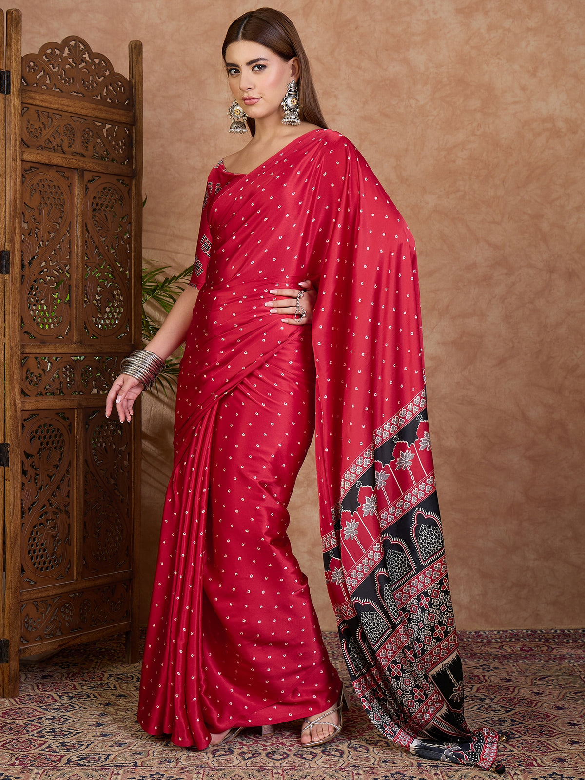 Iris Semi Modal Ready To Wear Pocket Saree | Red