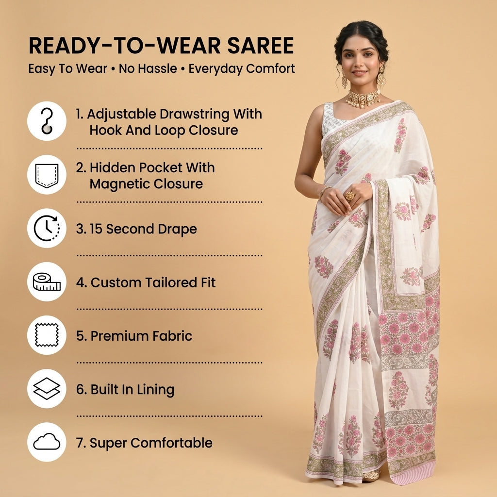Ivory Blossom Mul Cotton Ready To Wear Pocket Saree