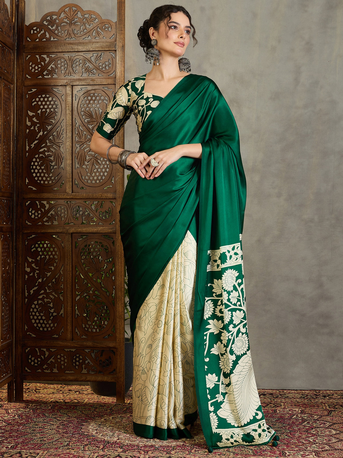 Suvarna Semi Modal Ready To Wear Pocket Saree | Green