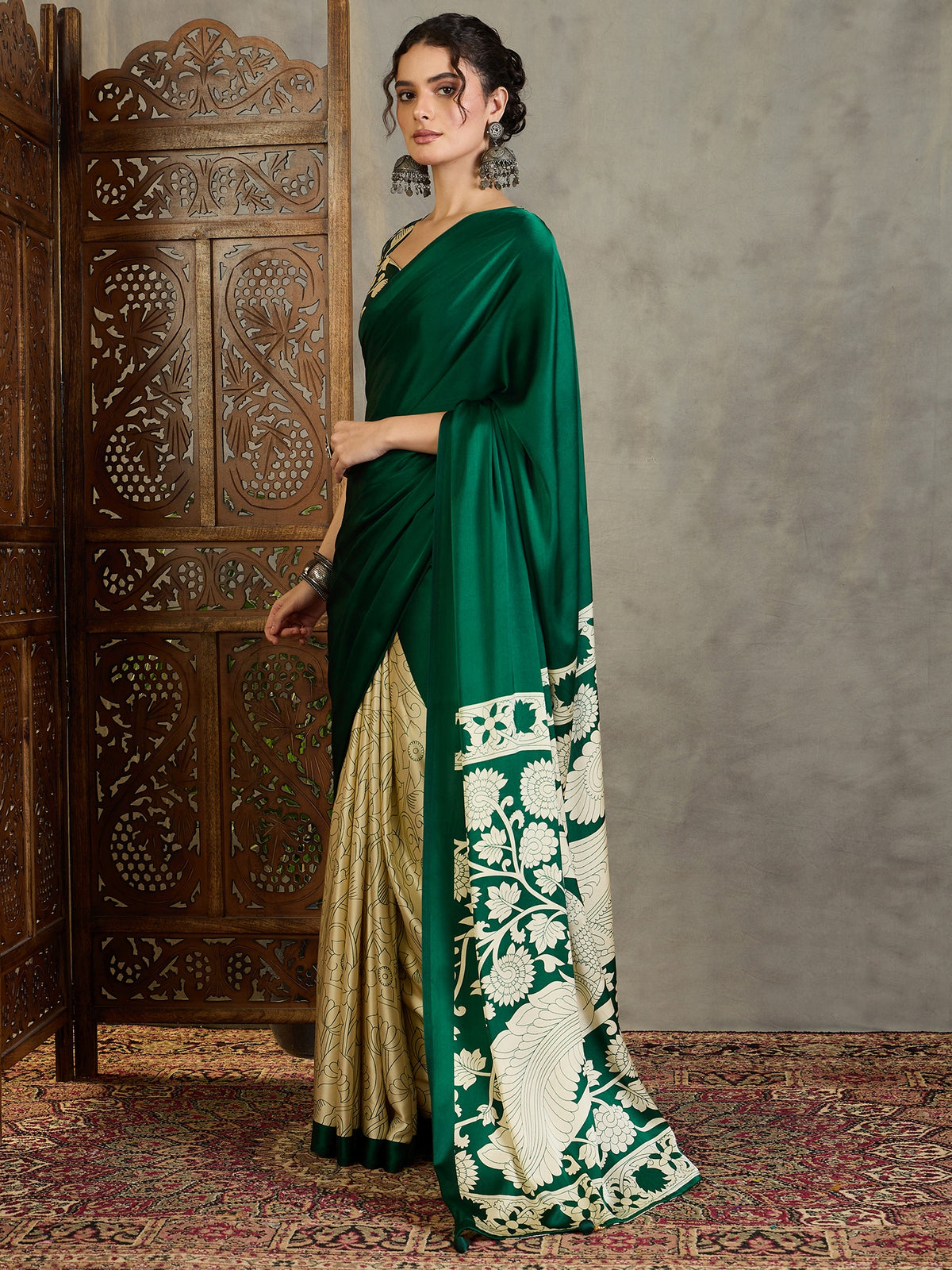 Suvarna Semi Modal Ready To Wear Pocket Saree | Green