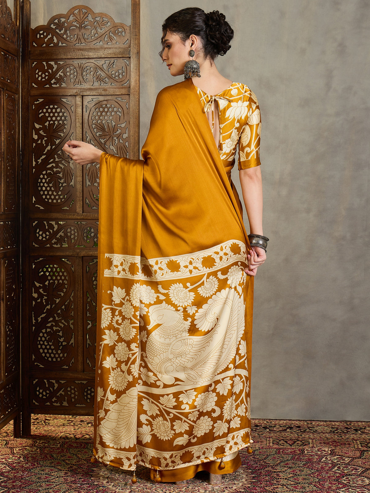 Suvarna Semi Modal Ready To Wear Pocket Saree | Mustard Yellow