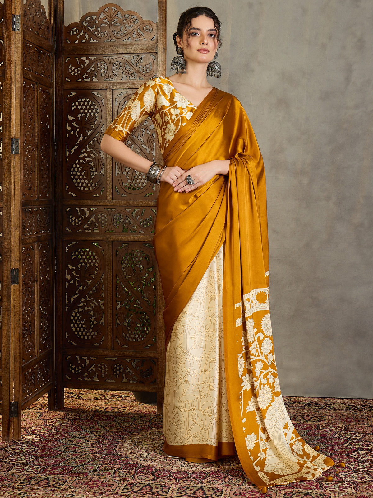 Suvarna Semi Modal Ready To Wear Pocket Saree | Mustard Yellow
