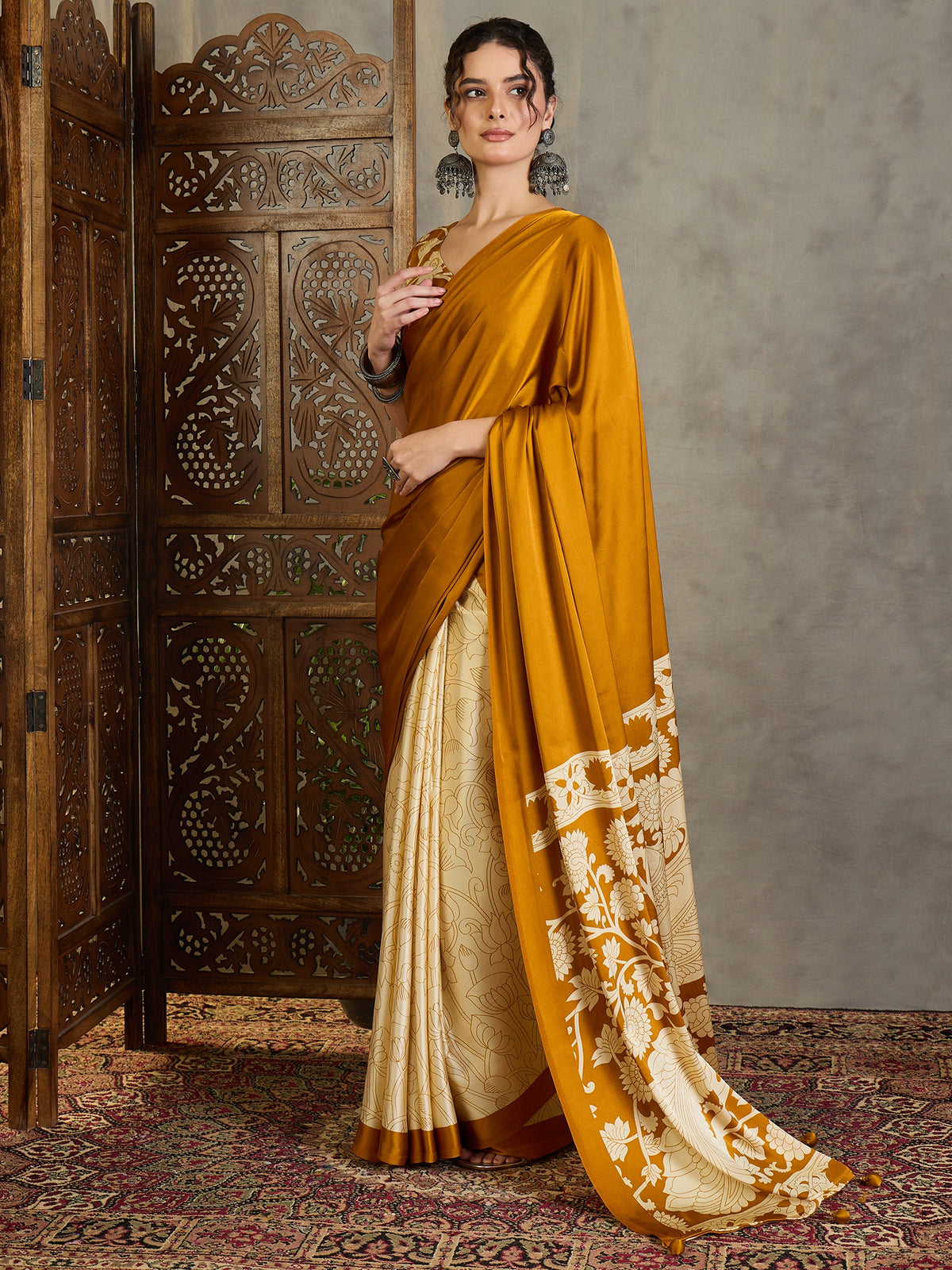 Suvarna Semi Modal Ready To Wear Pocket Saree | Mustard Yellow