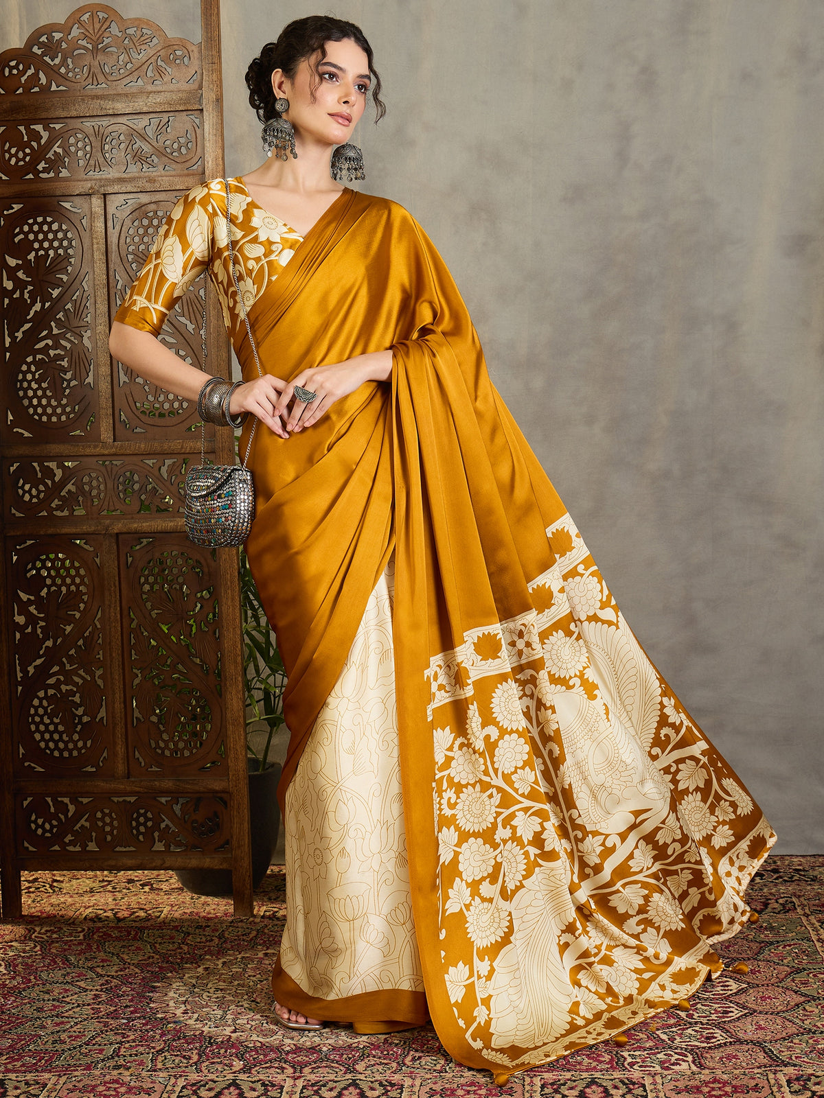 Suvarna Semi Modal Ready To Wear Pocket Saree | Mustard Yellow