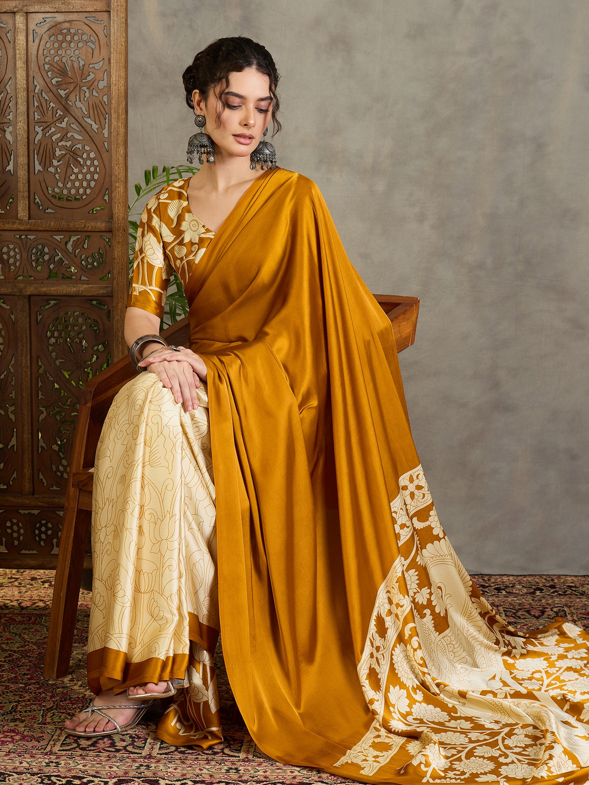 Suvarna Semi Modal Ready To Wear Pocket Saree | Mustard Yellow