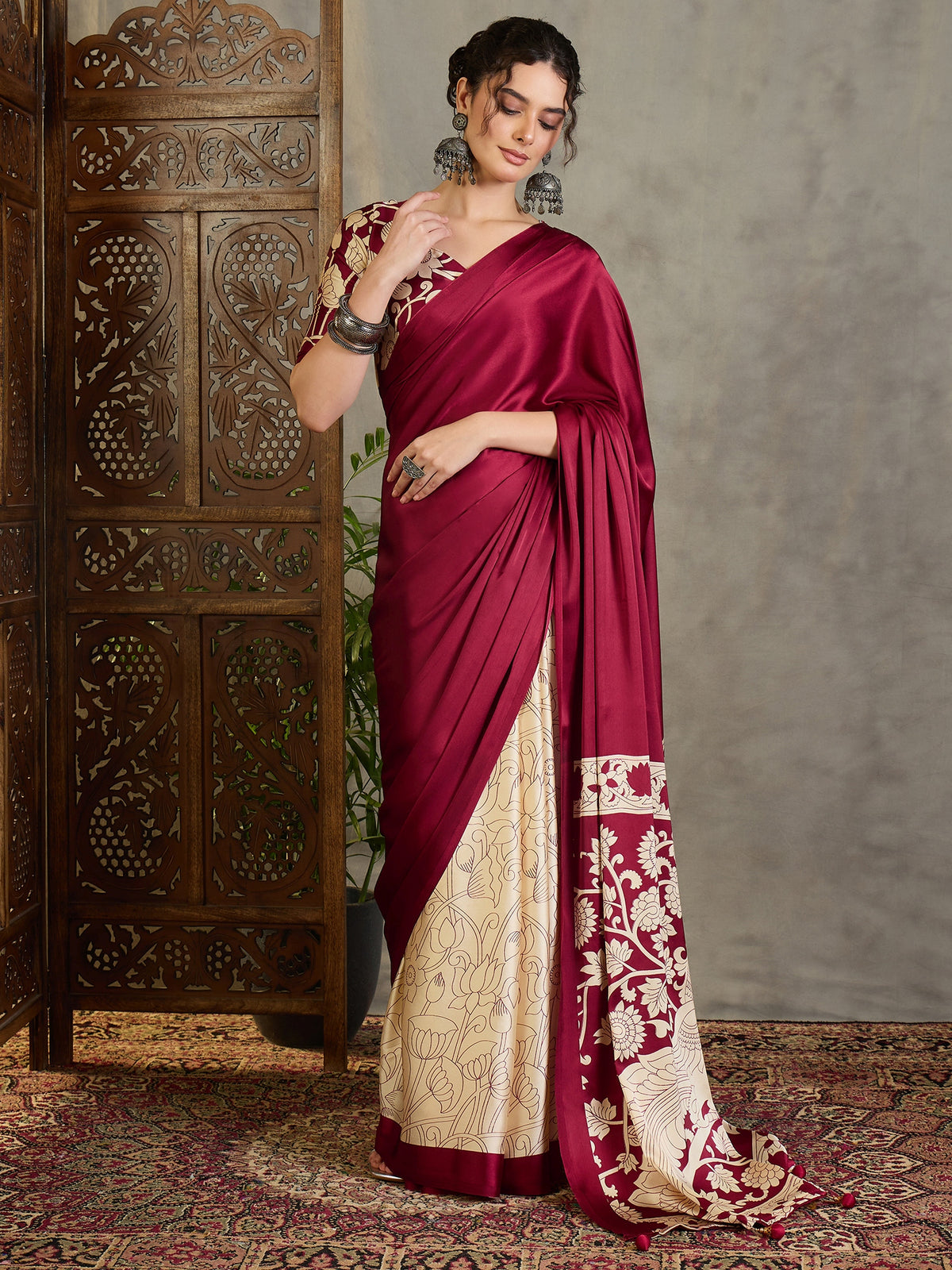 Suvarna Semi Modal Ready To Wear Pocket Saree | Maroon