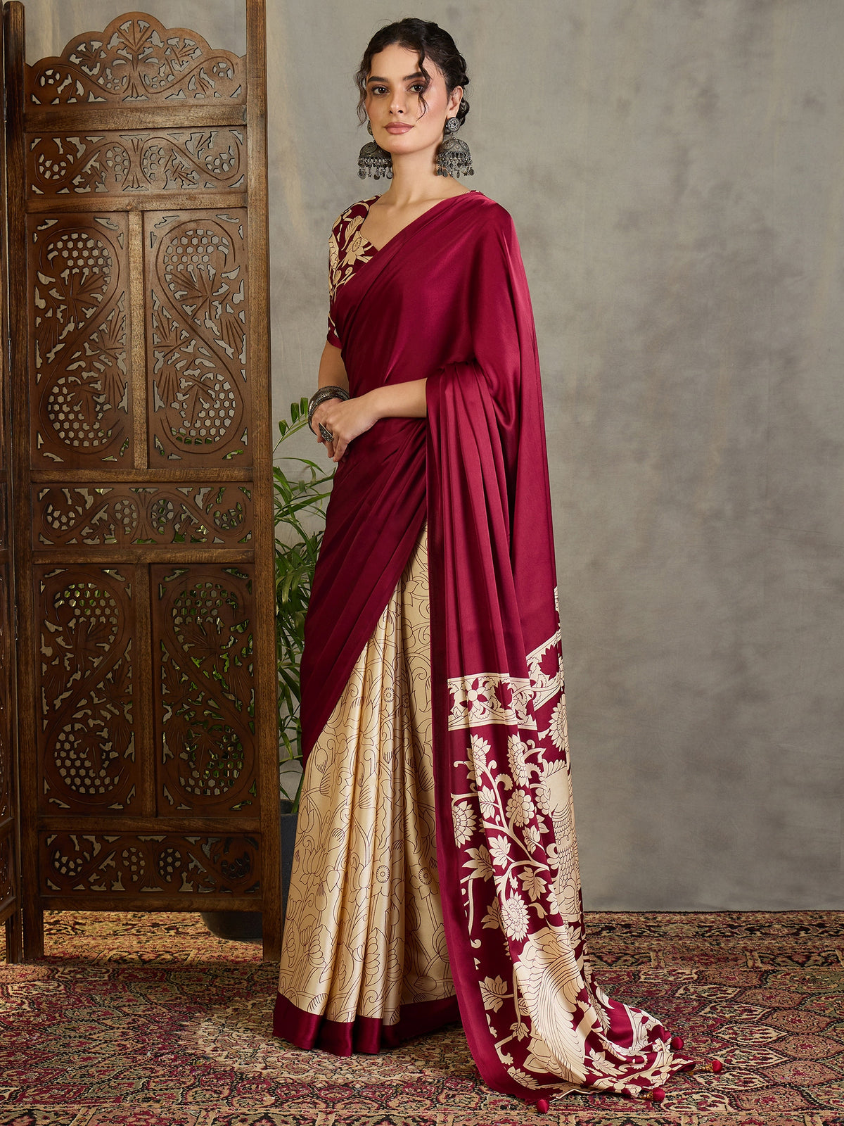 Suvarna Semi Modal Ready To Wear Pocket Saree | Maroon