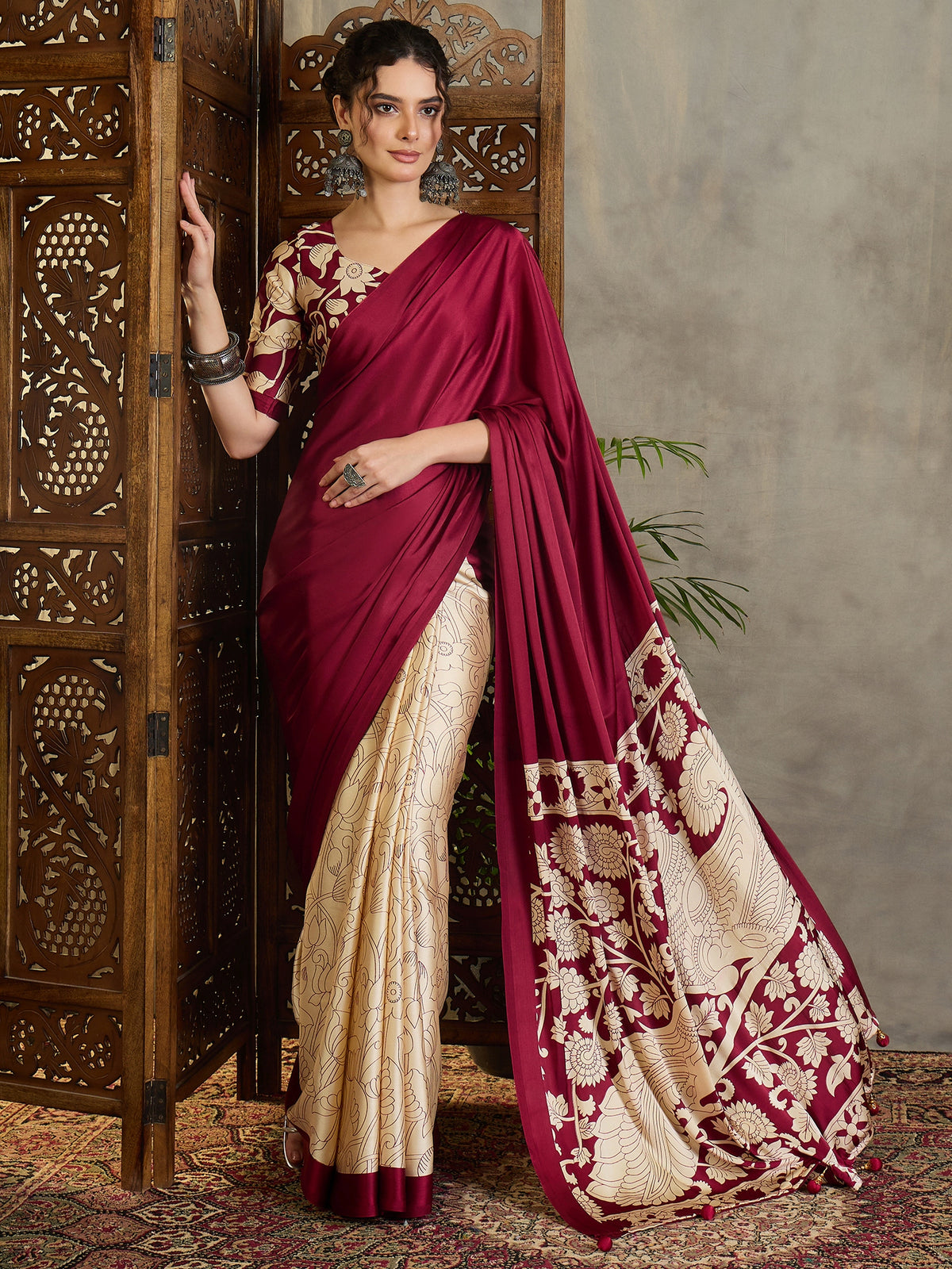Suvarna Semi Modal Ready To Wear Pocket Saree | Maroon