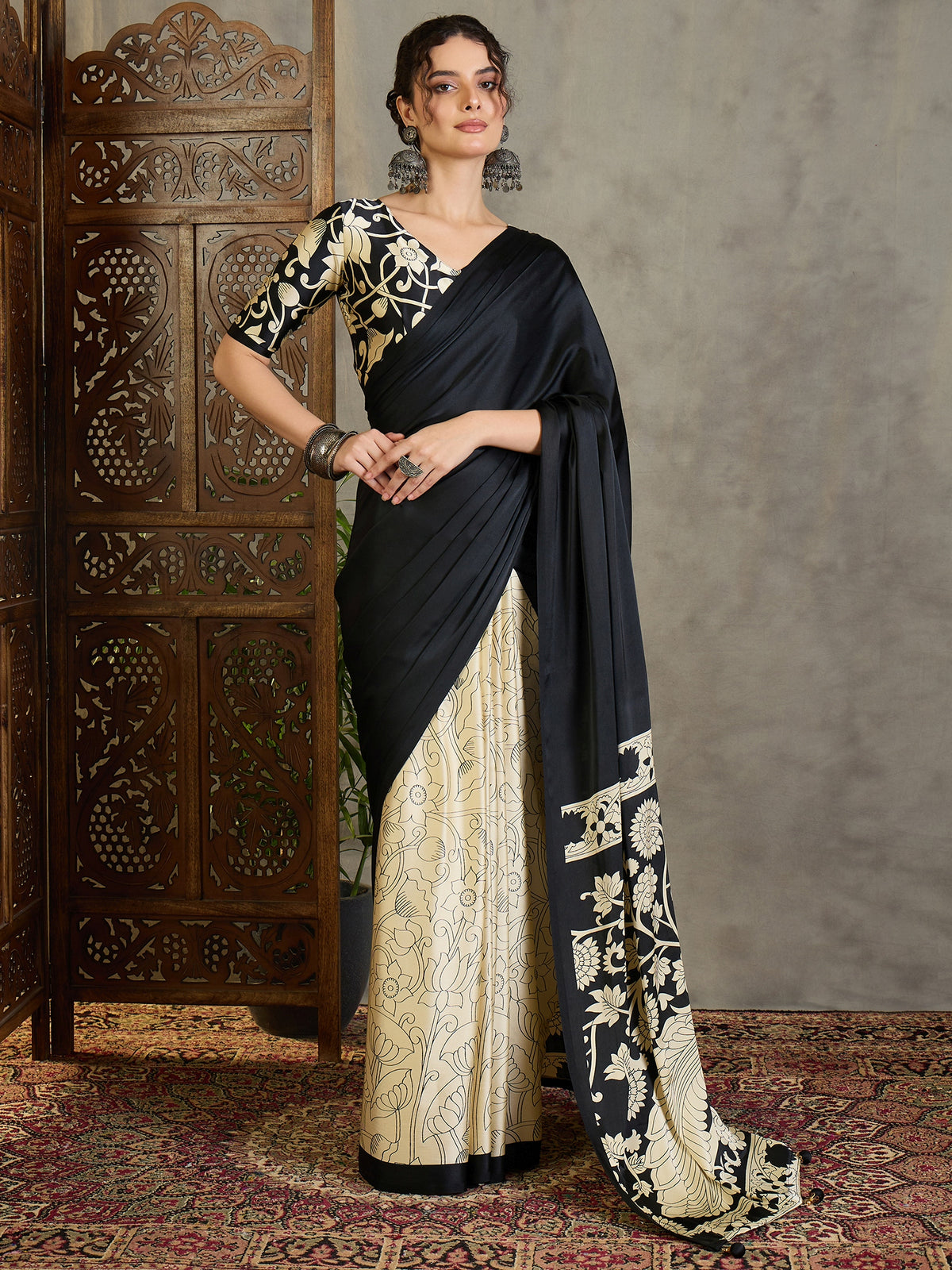 Suvarna Semi Modal Ready To Wear Pocket Sarees | Black