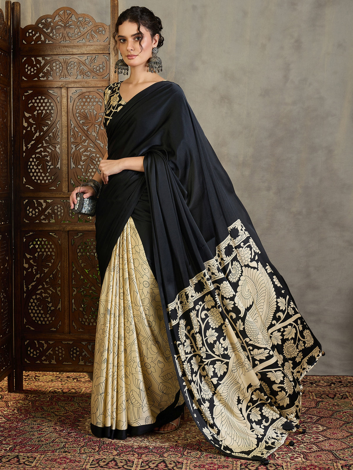 Suvarna Semi Modal Ready To Wear Pocket Sarees | Black