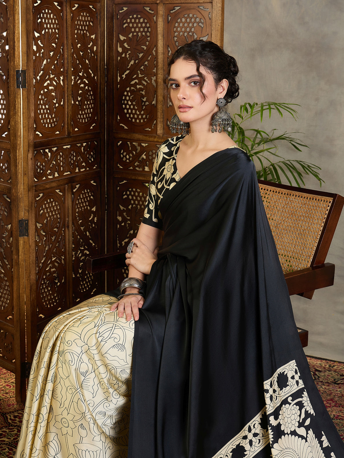 Suvarna Semi Modal Ready To Wear Pocket Sarees | Black