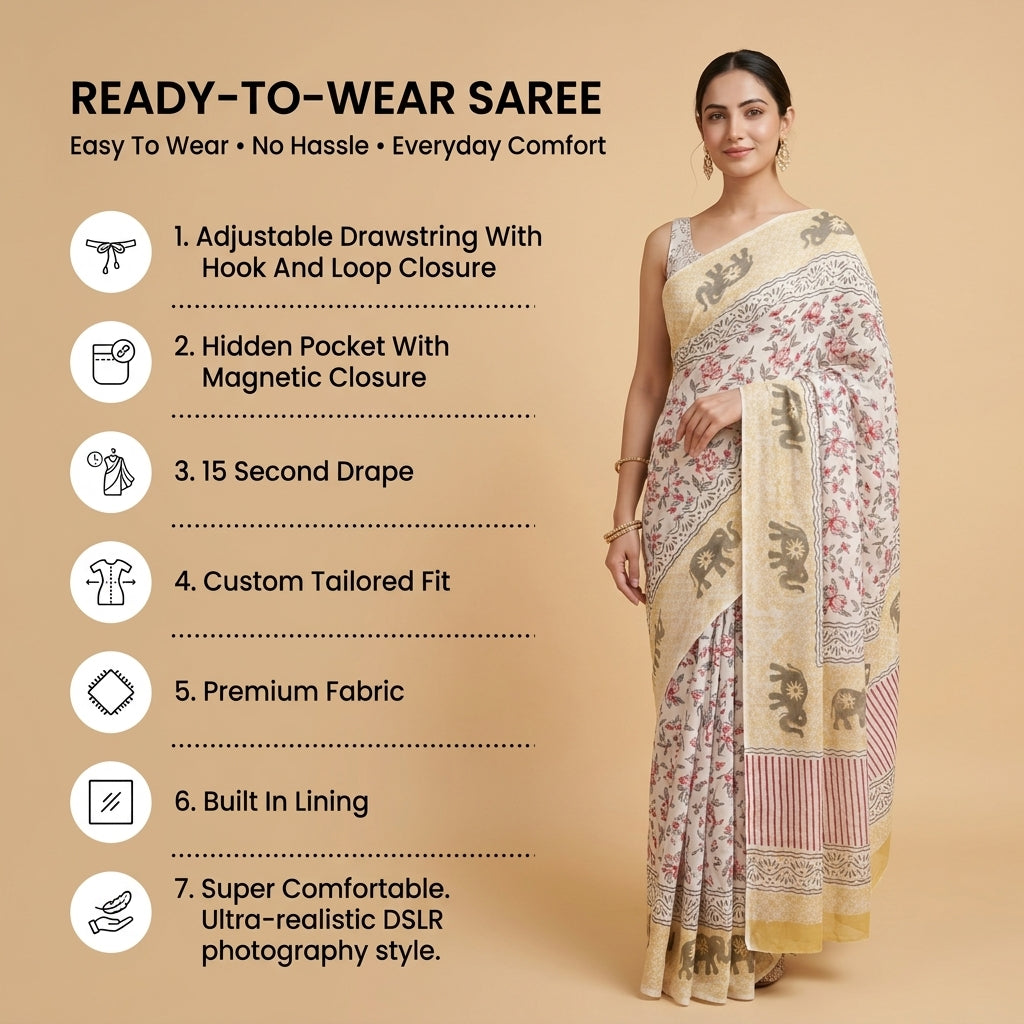 Olive Elephant Mul Cotton Ready To Wear Pocket Saree