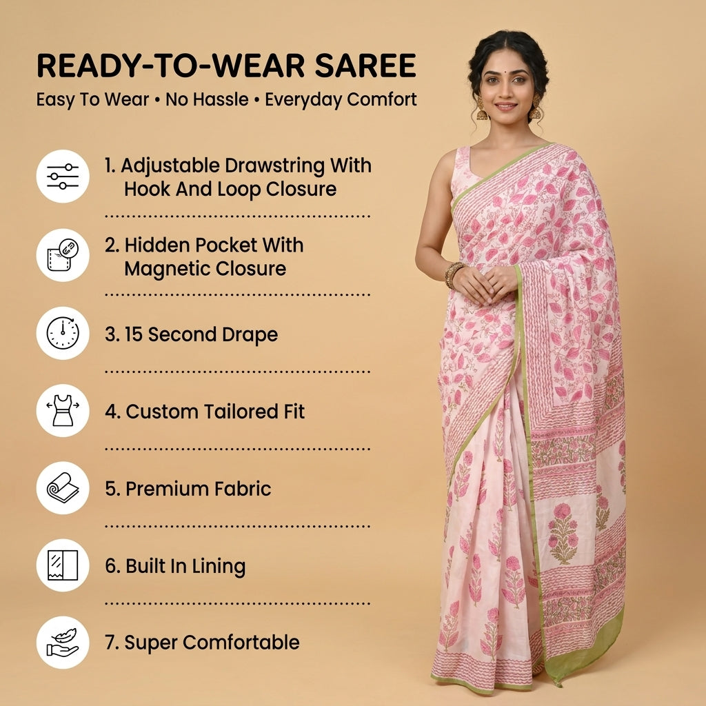 Rosevine Mul Cotton Ready To Wear Pocket Saree
