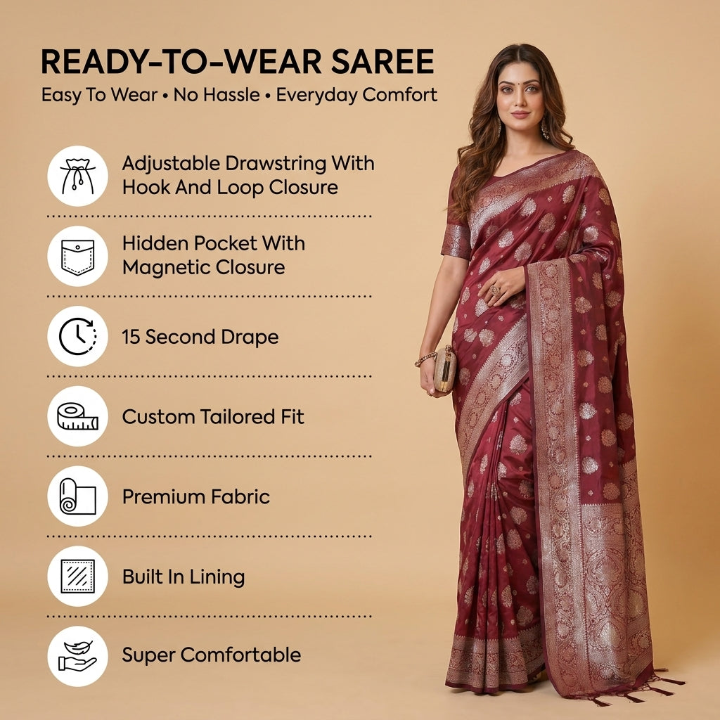 SIlkspell Maroon Ready To Wear Pocket Saree