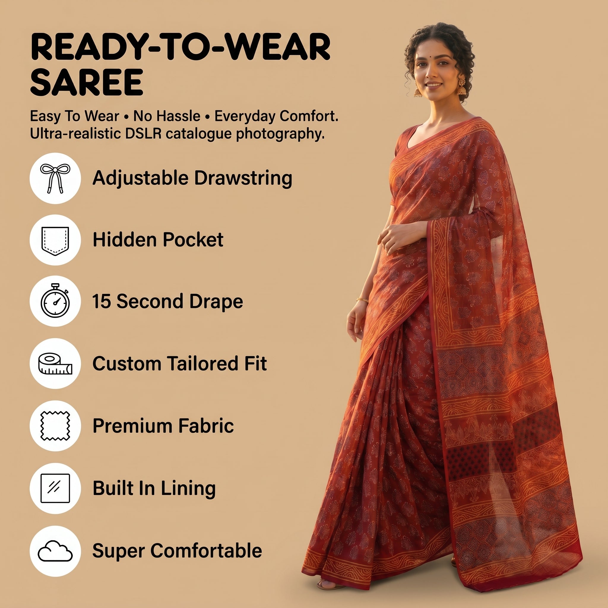 Rhubarb Red Hand Block Print Ready-to-Wear Pocket Saree