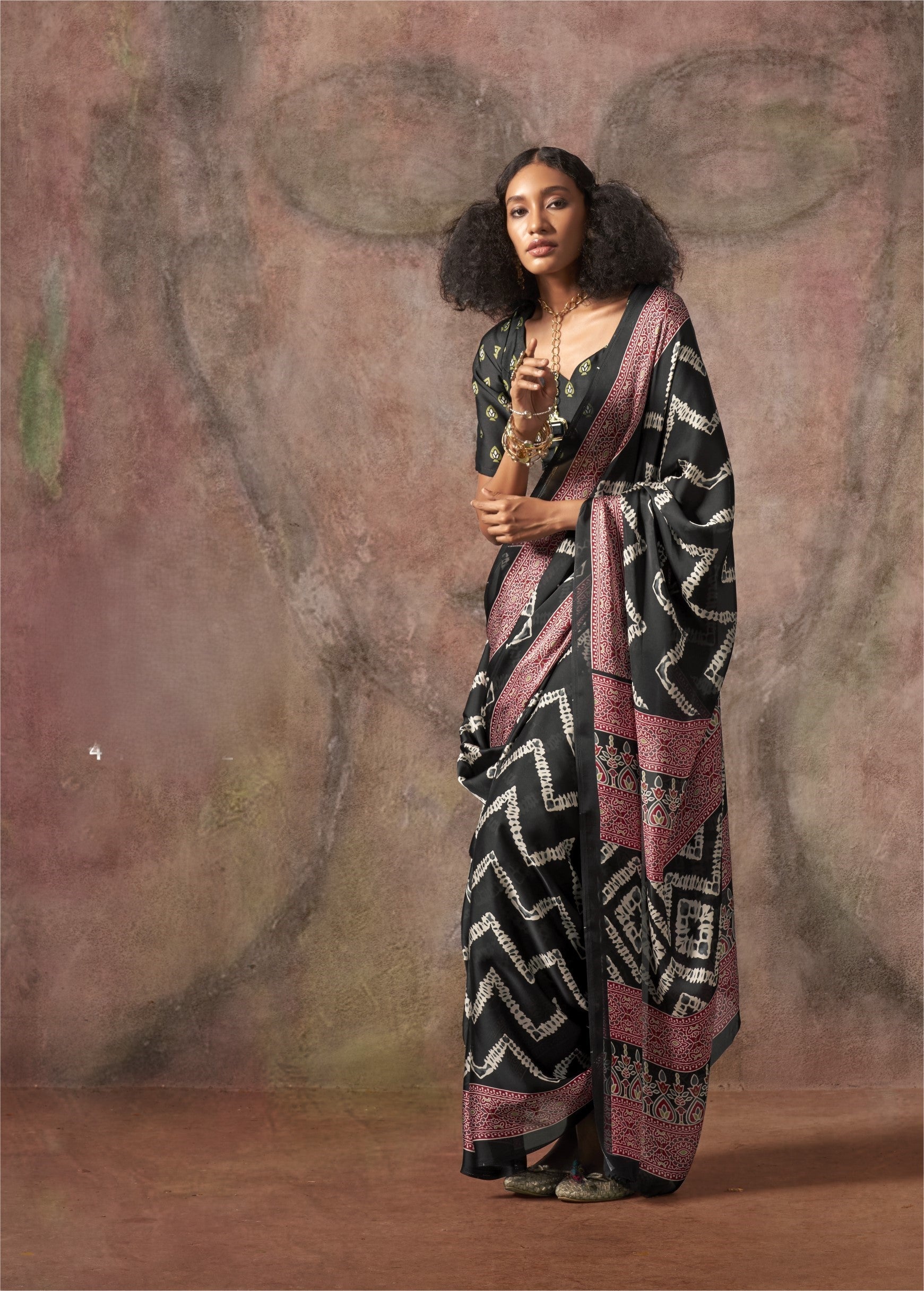 Satin Ajrakh Bandhani (B) Ready To Wear Pocket Saree