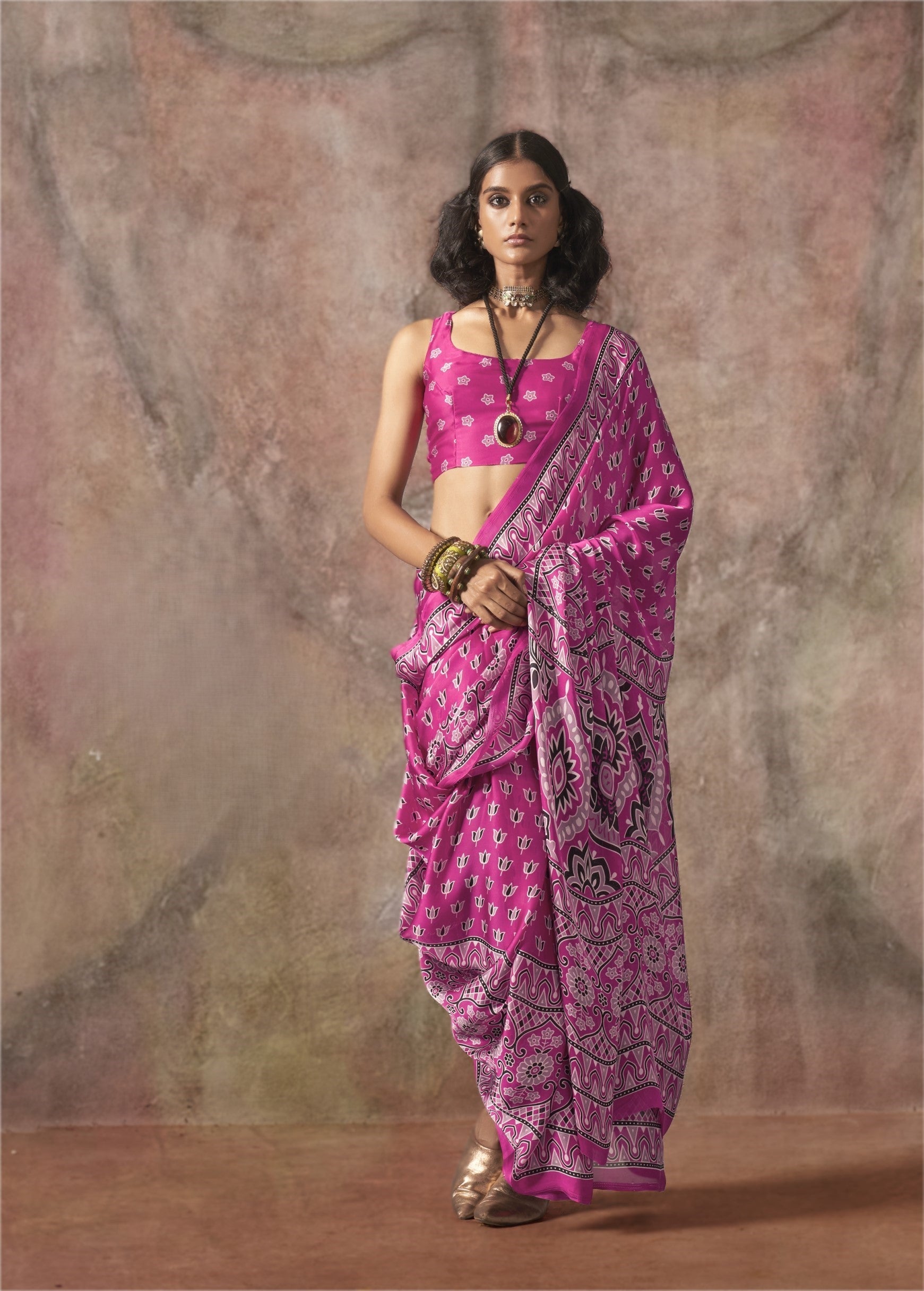 Satin Ajrakh Bandhani (C) Ready To Wear Pocket Saree