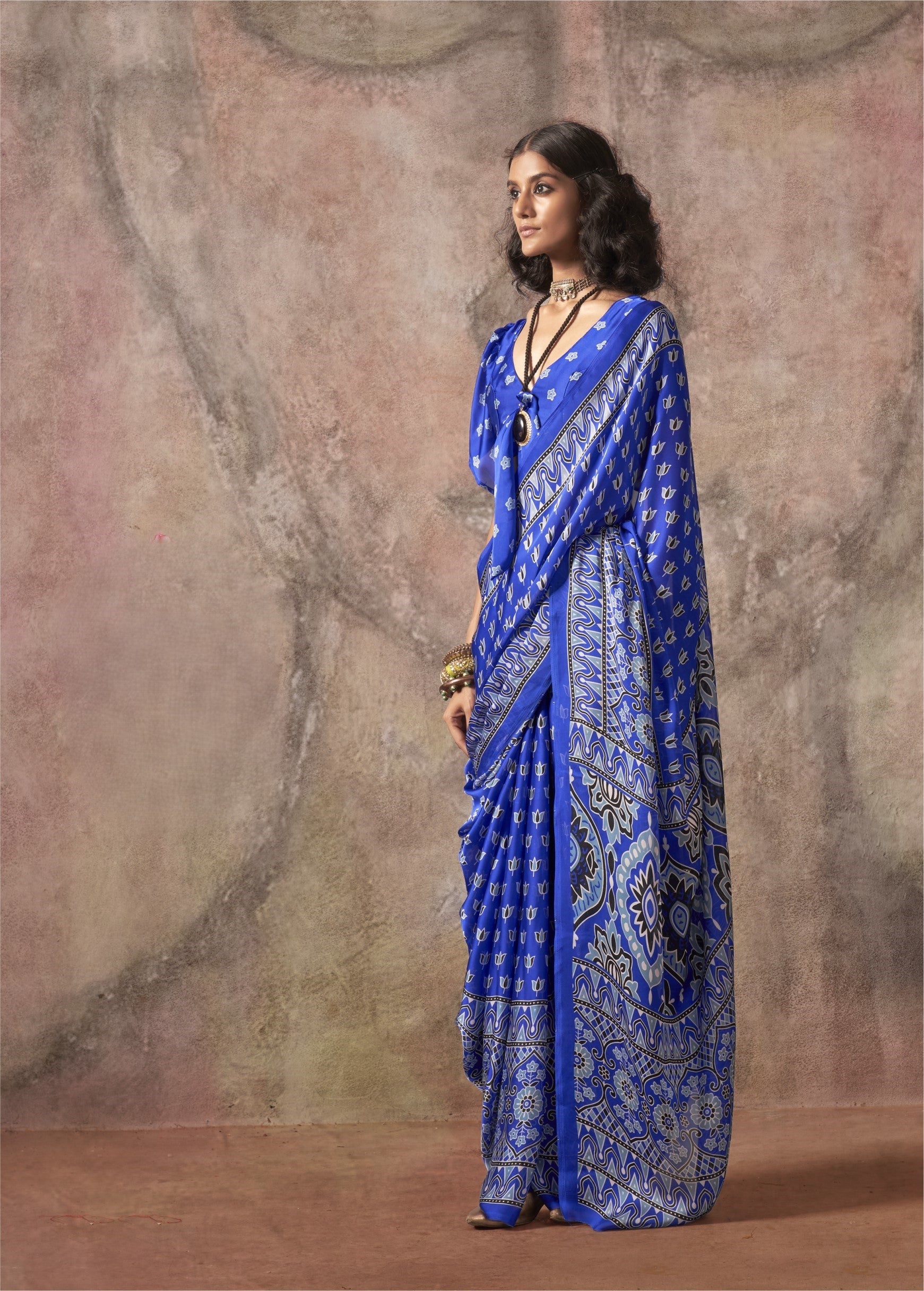 Satin Ajrakh Bandhani (D) Ready To Wear Pocket Saree