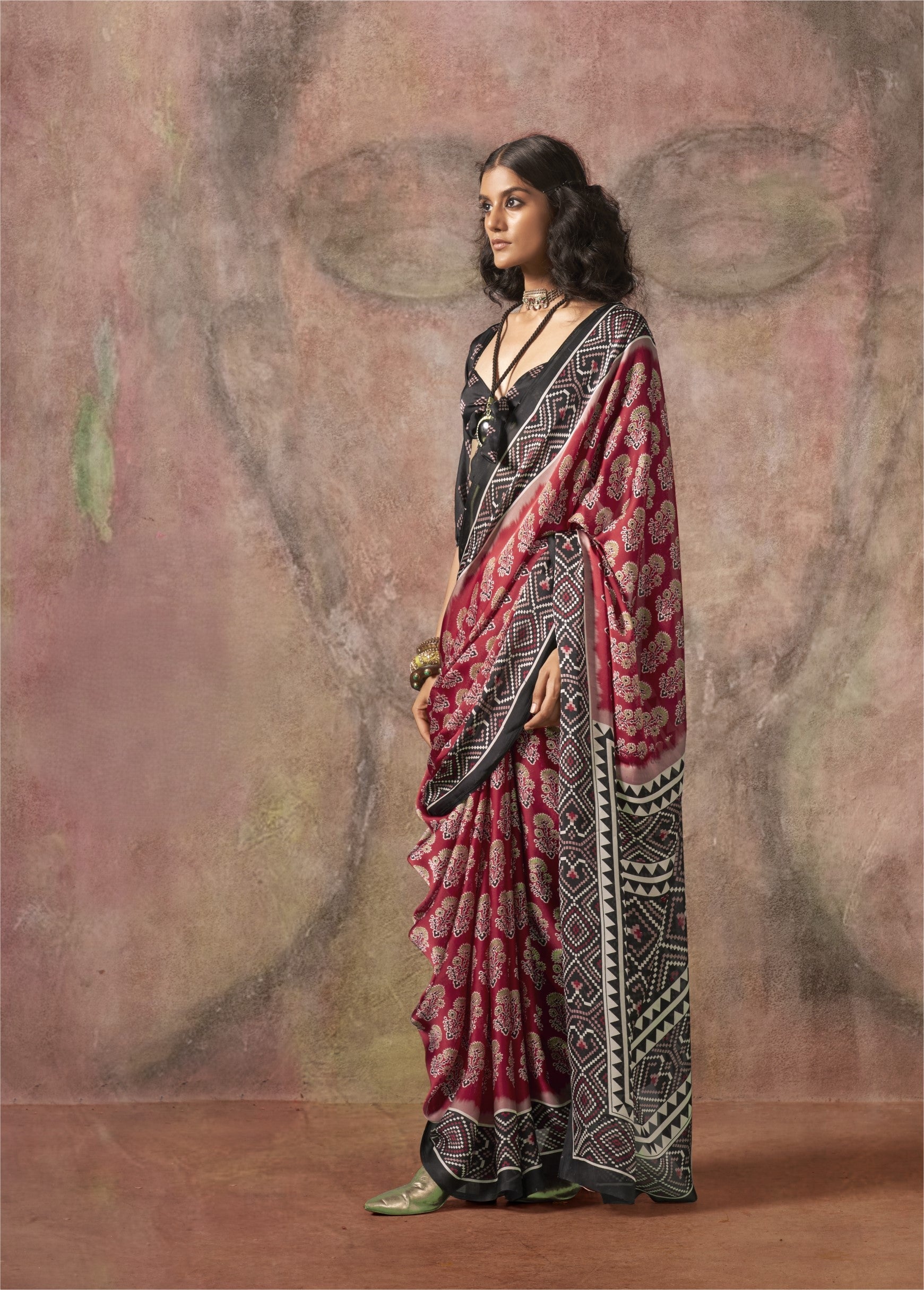 Satin Ajrakh Bandhani (E) Ready To Wear Pocket Saree