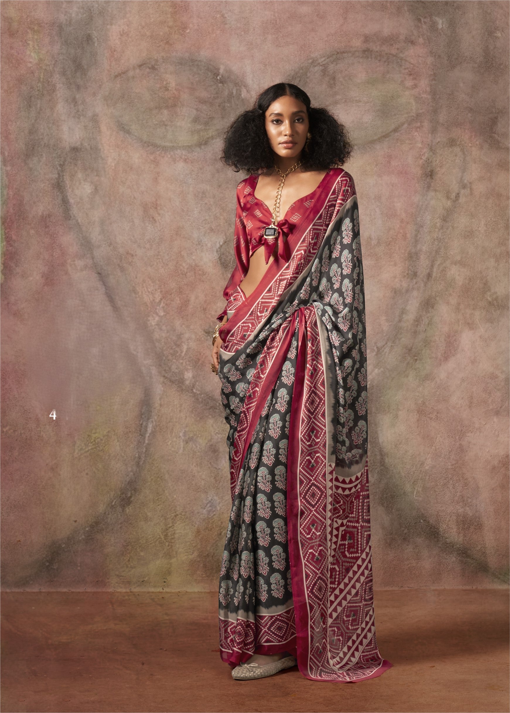Satin Ajrakh Bandhani (F) Ready To Wear Pocket Saree