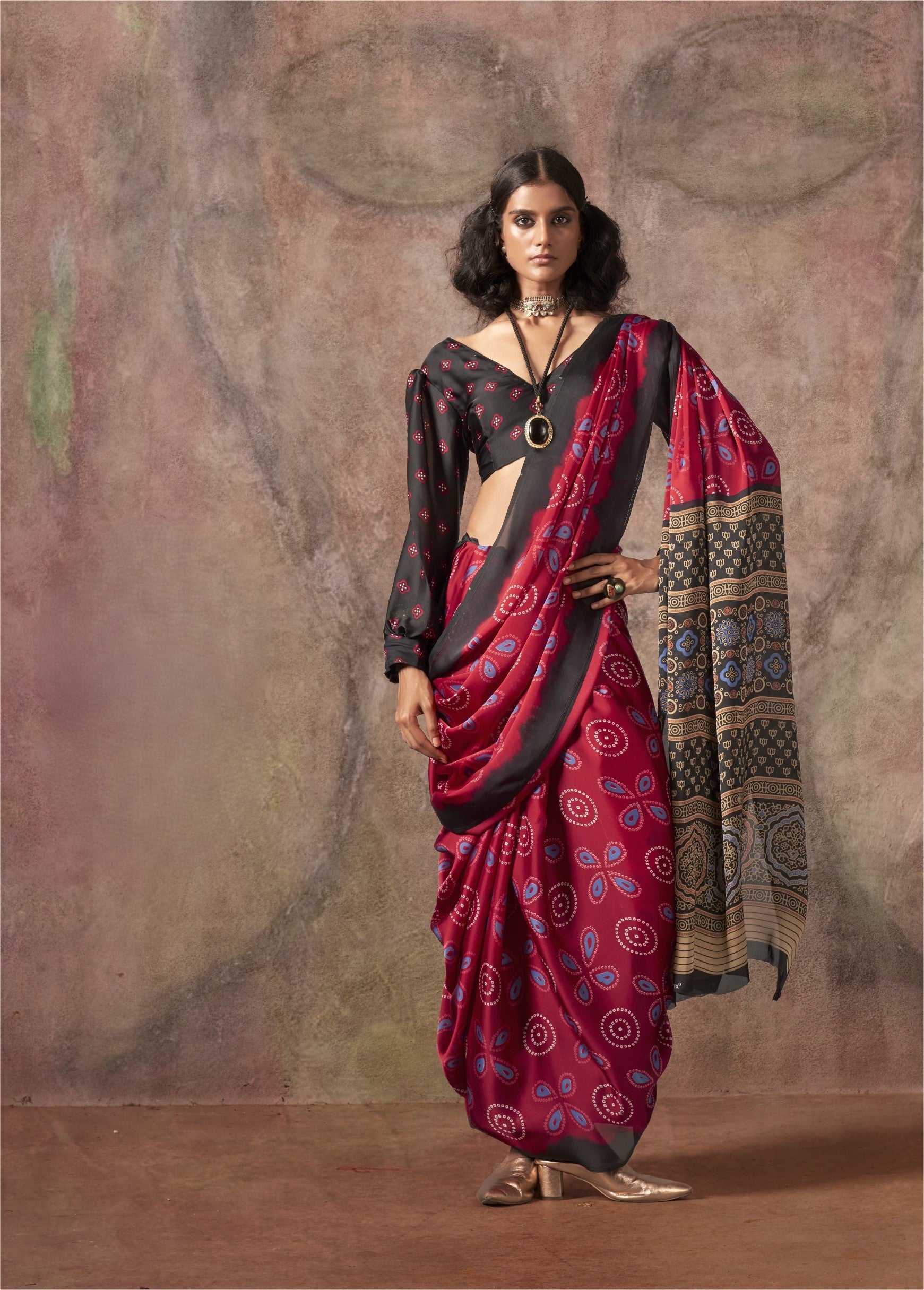 Satin Ajrakh Bandhani (H) Ready To wear Pocket Saree