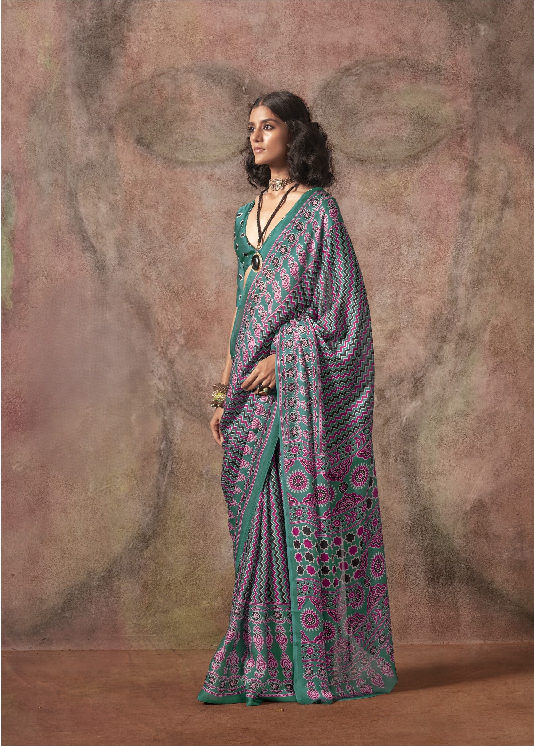 Satin Ajrakh Bandhani (J) Ready To Wear Pocket Saree