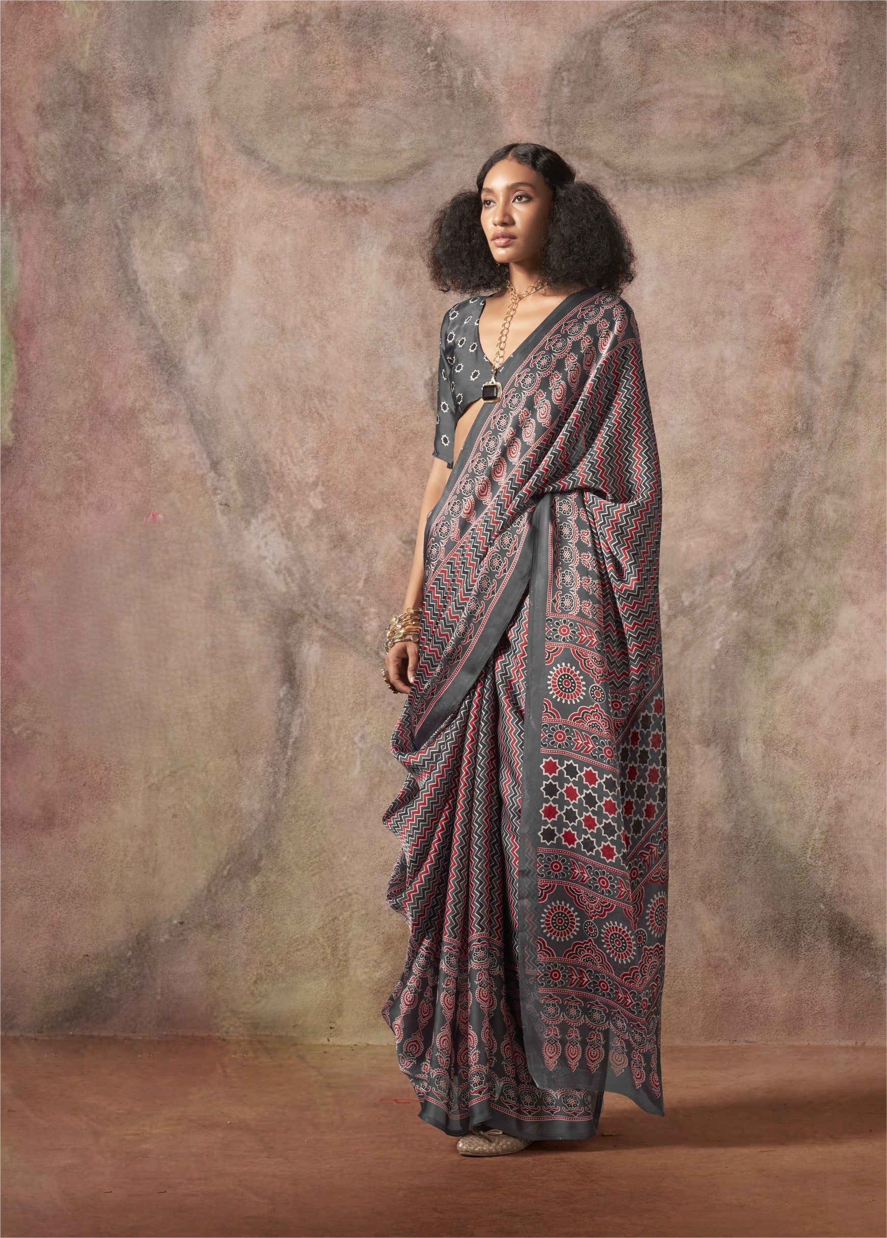 Satin Ajrakh Bandhani (K) Ready To Wear Pocket Saree