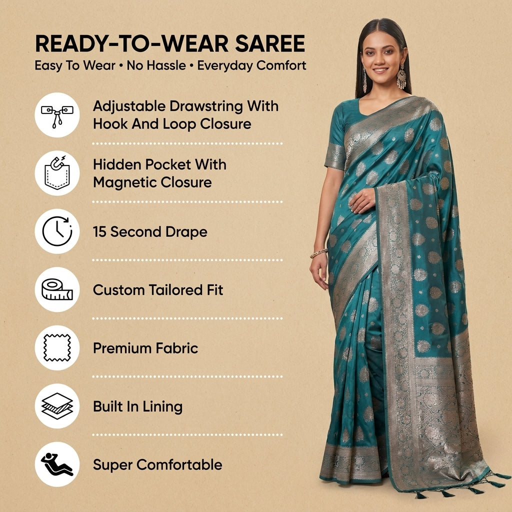 Silkspell Sea Green Ready To Wear Pocket saree