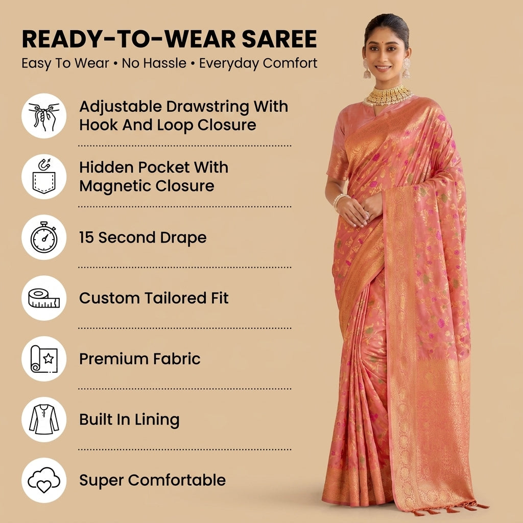 Eternal Flora Banarasi Silk (Peach) Ready To Wear Pocket Saree