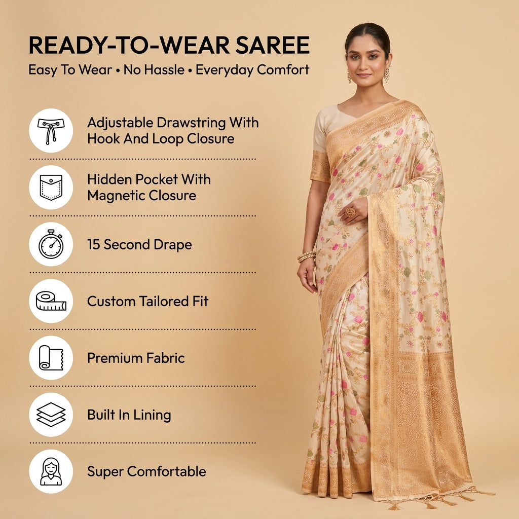 Eternal Flora Banarasi Silk (Cream) Ready To Wear Pocket Saree