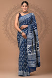 Indigo Dazzle Mul Cotton Hand Block Printed Saree