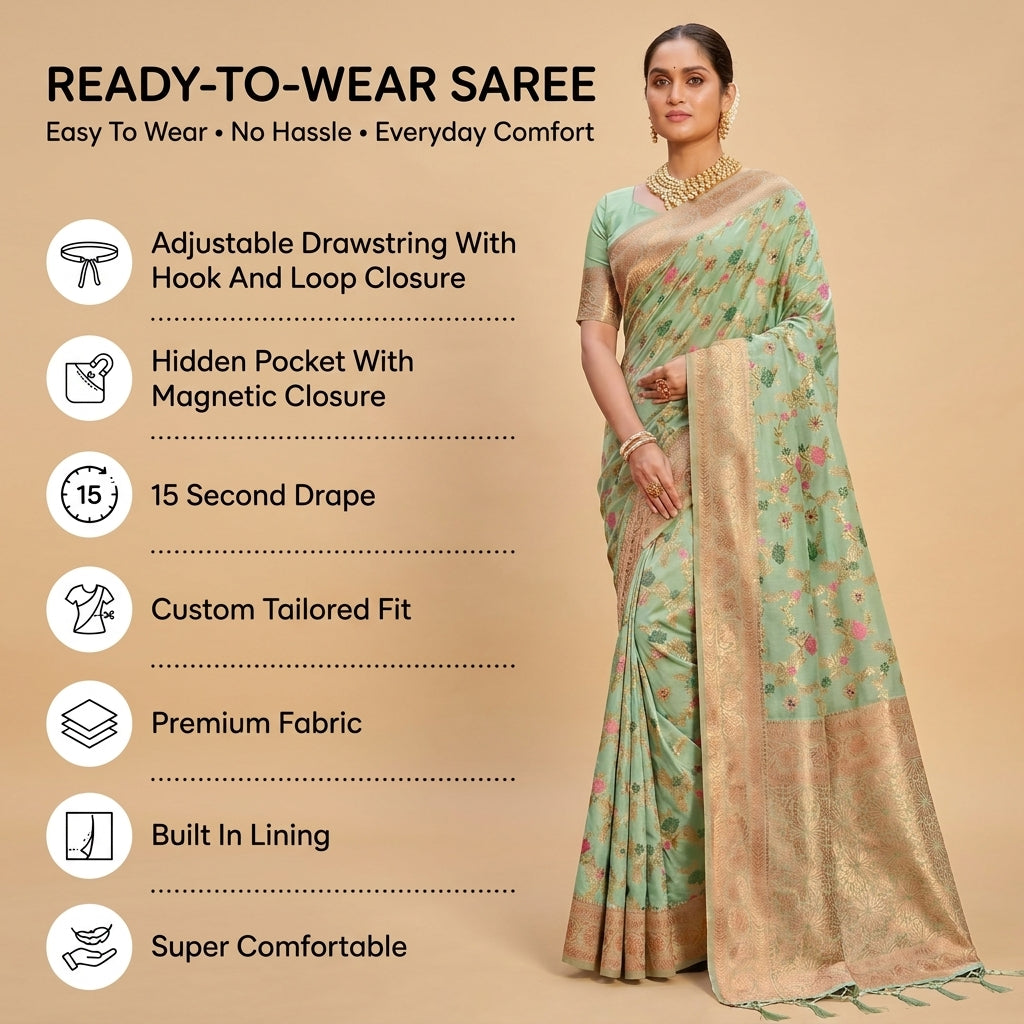 Eternal Flora Banarasi Silk (Sea Green) Ready To Wear Pocket Saree